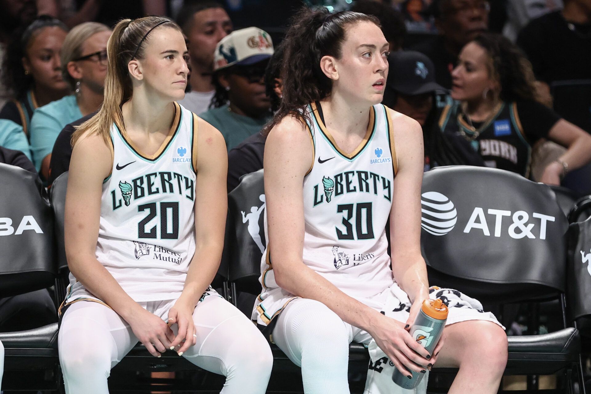 New York Liberty guard Sabrina Ionescu (20) and forward Breanna Stewart (30) at Barclays Center.