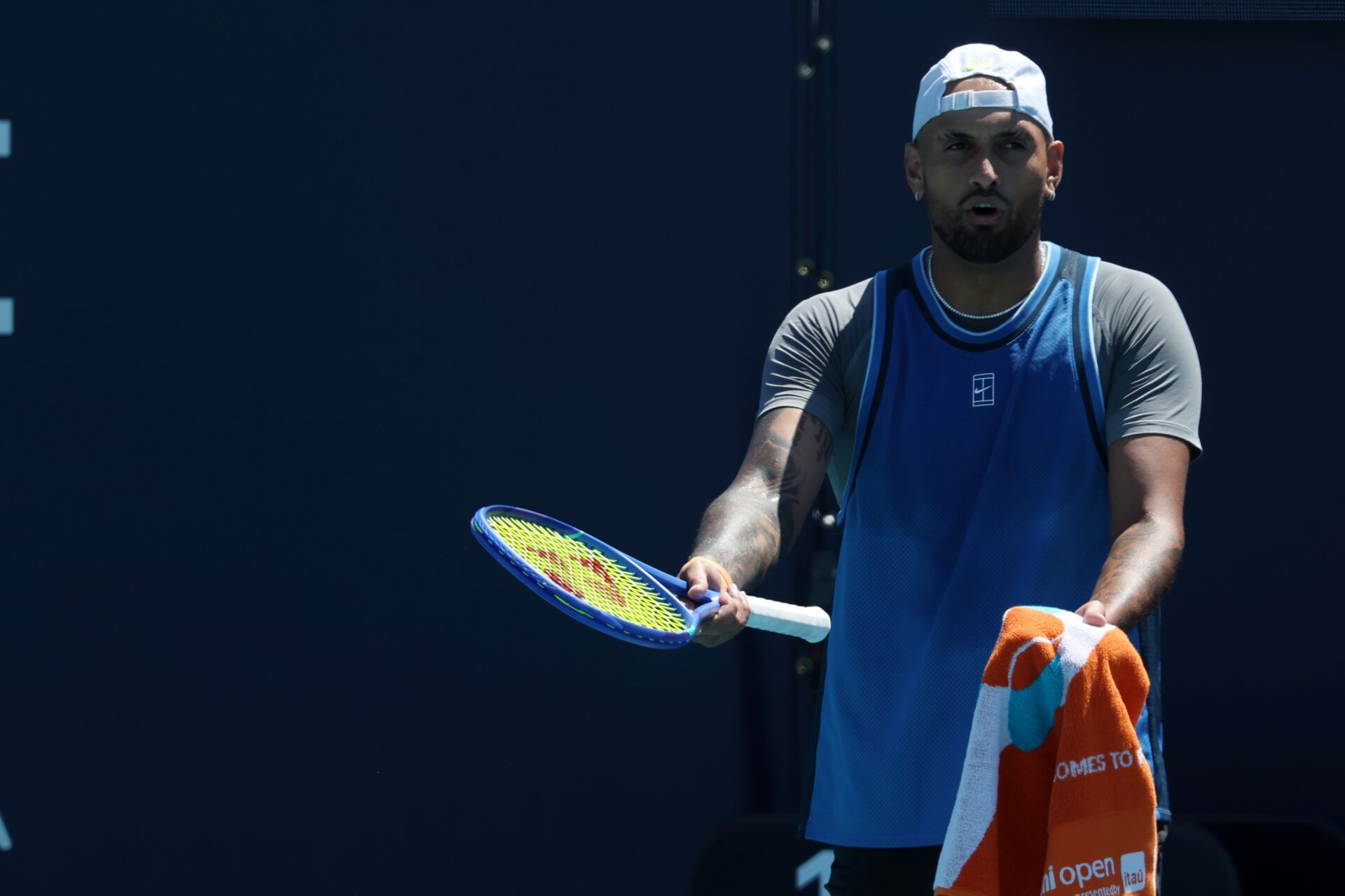 Nick Kyrgios (AUS) reacts between points against Karen Khachanov (not pictured) on day four of the Miami Open at Hard Rock Stadium.