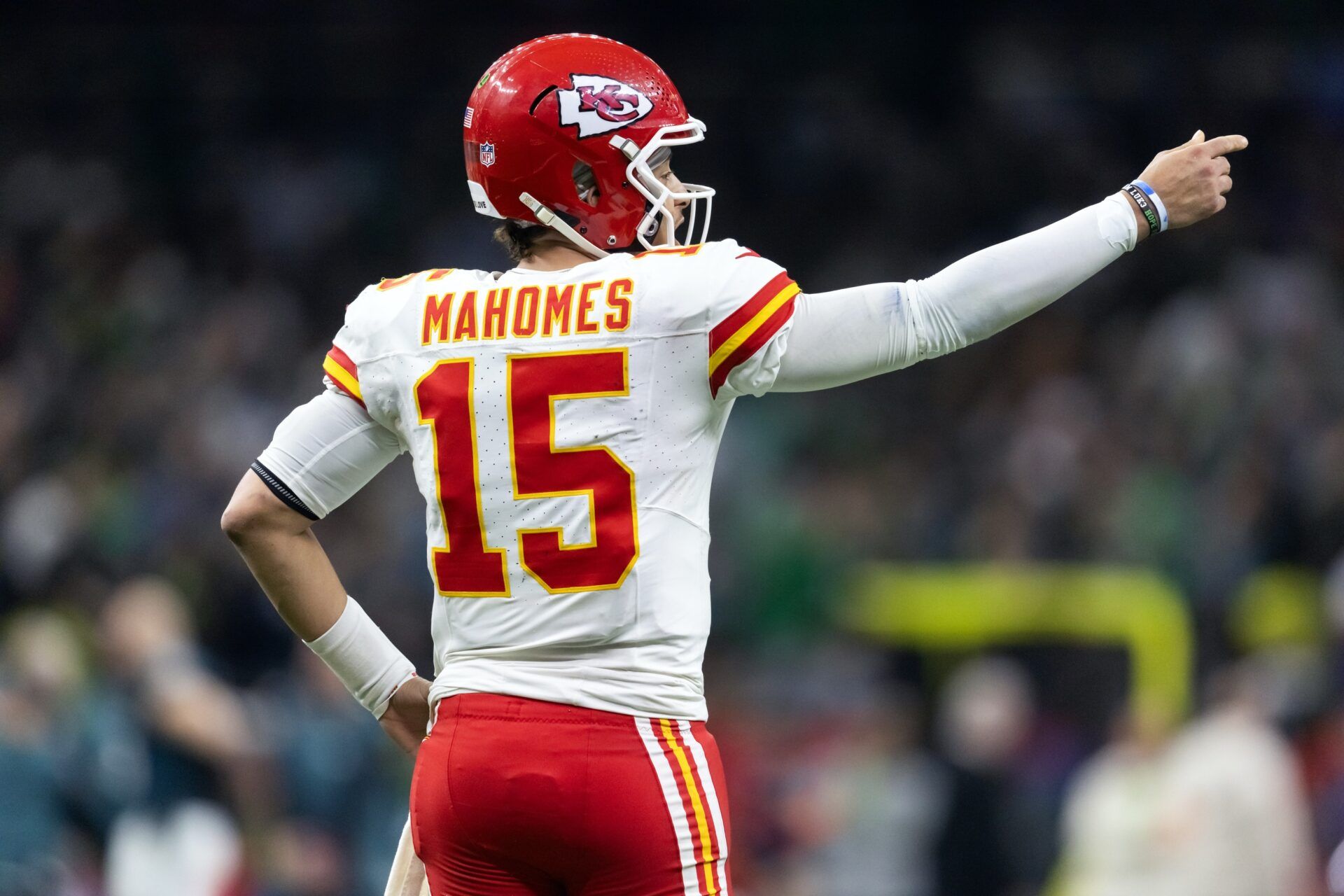 Detailed view of the jersey of Kansas City Chiefs quarterback Patrick Mahomes (15) against the Philadelphia Eagles in Super Bowl LIX at Ceasars Superdome.