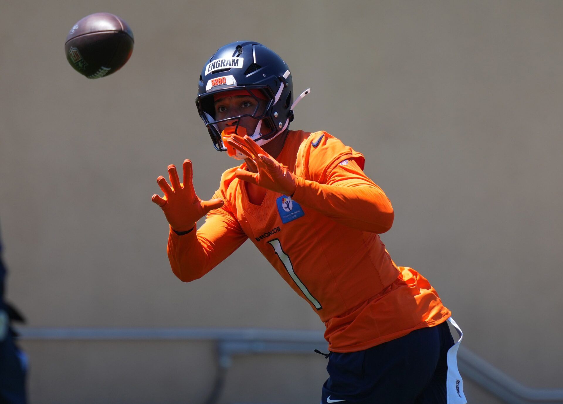 Denver Broncos tight end Evan Engram (1) during minicamp at Broncos Park Powered by CommonSpirit.