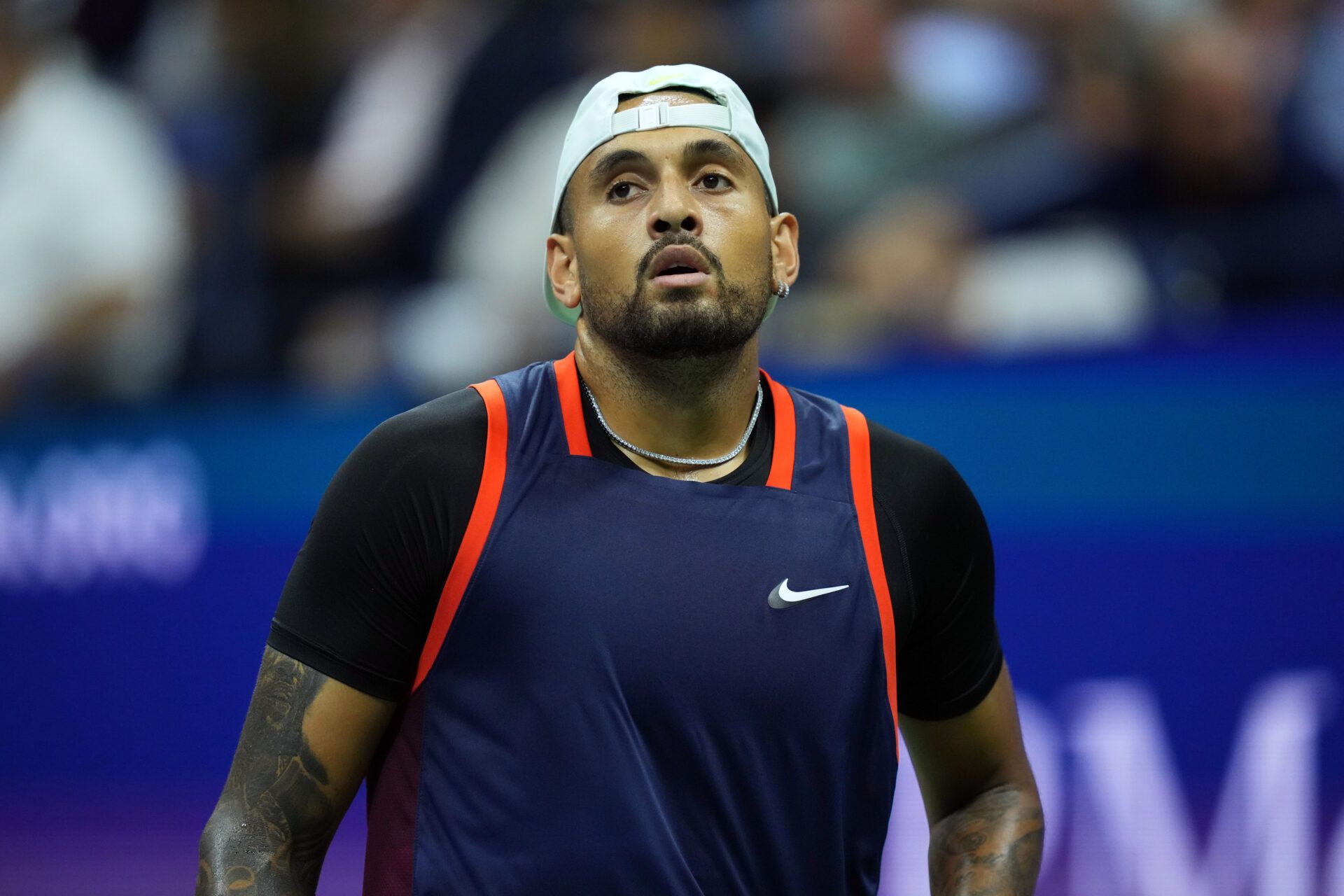 Nick Kyrgios of Australia reacts during a match against Karen Khachanov (not pictured) on day nine of the 2022 U.S. Open tennis tournament at USTA Billie Jean King Tennis Center.