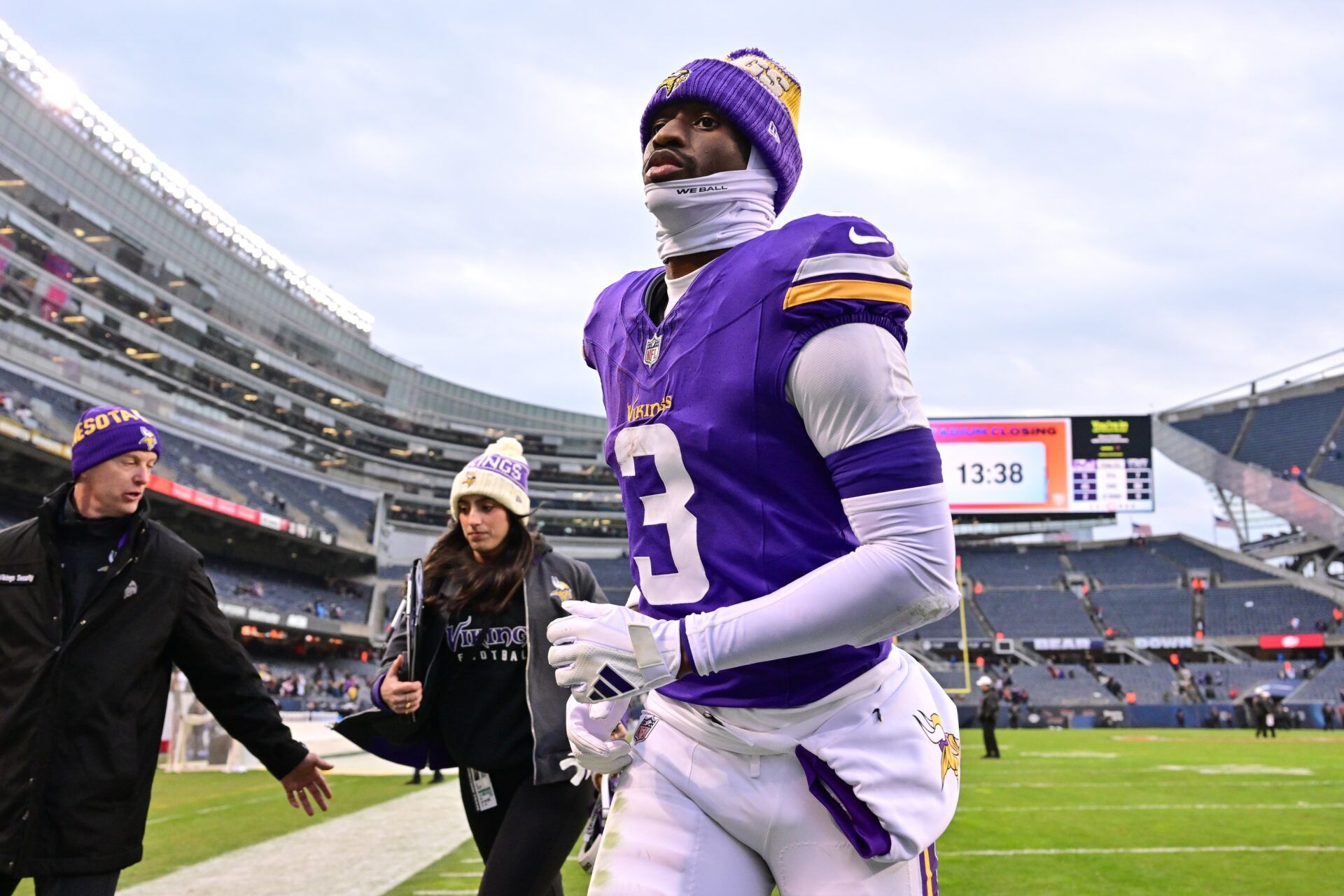 Minnesota Vikings wide receiver Jordan Addison (3) exits the field after the game against the Chicago Bears at Soldier Field.