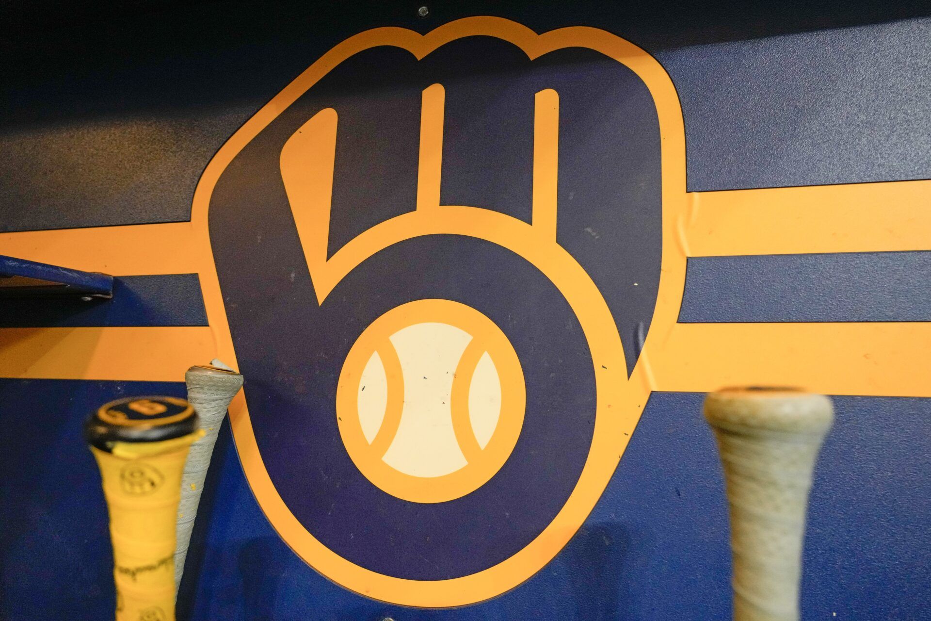 General view of the Milwaukee Brewers logo in the dugout during batting practice prior to the game against the Athletics at American Family Field.