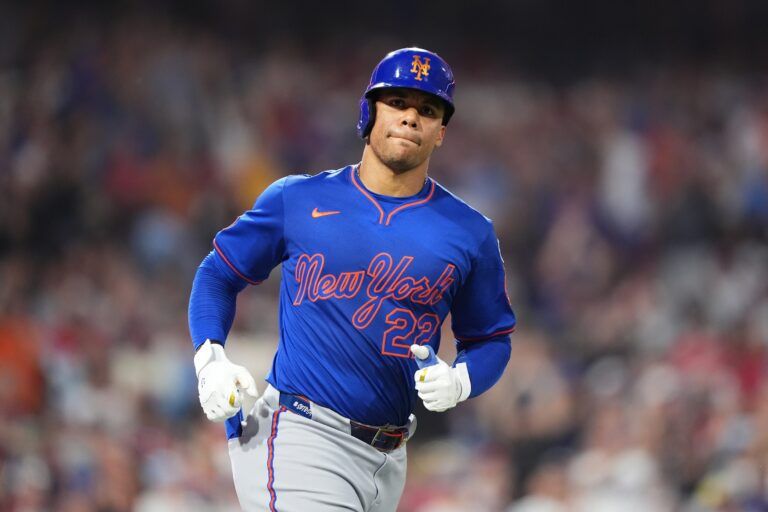 New York Mets outfielder Juan Soto (22) rounds the bases after hitting a home run against the Philadelphia Phillies in the fifth inning at Citizens Bank Park.