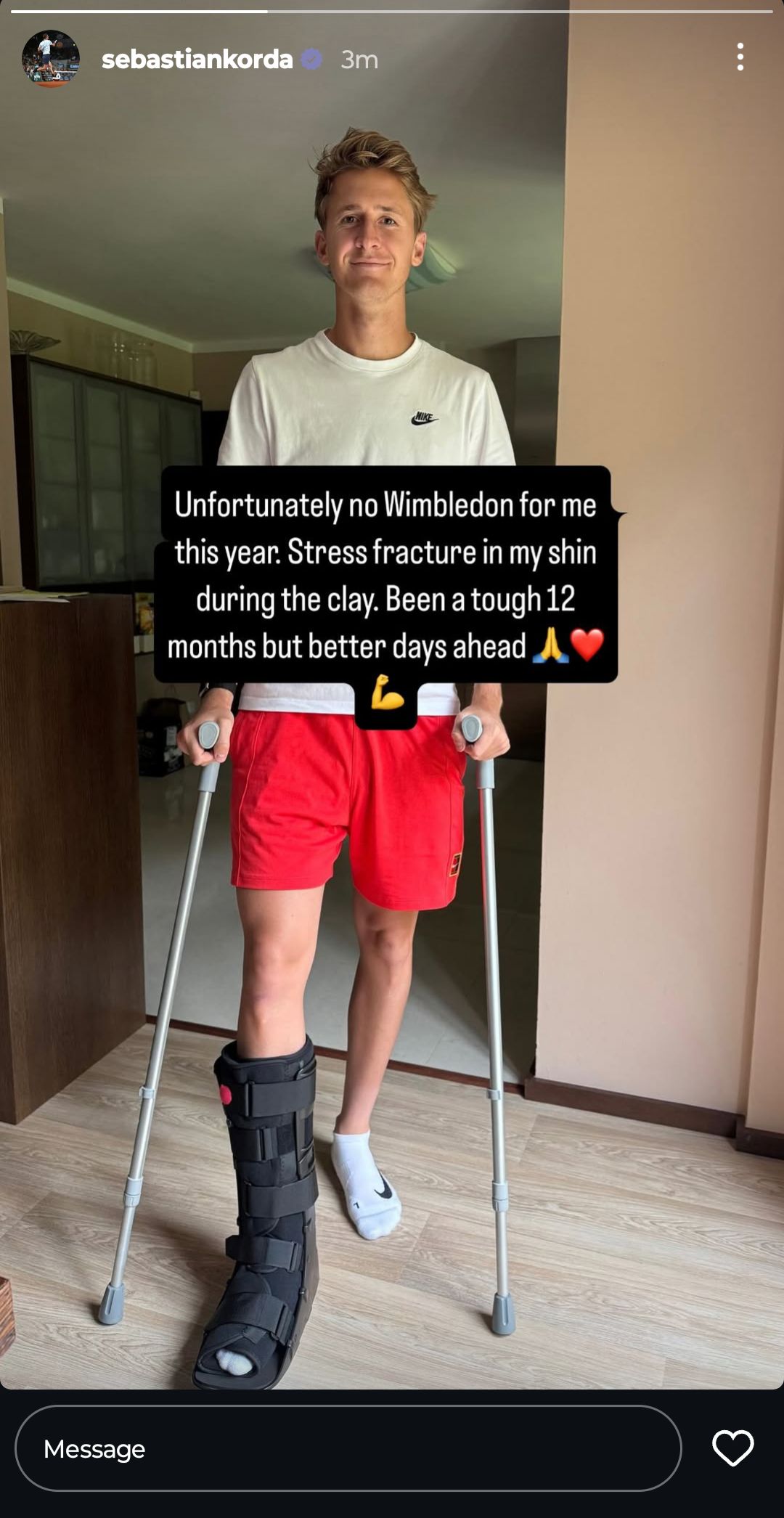 Screen grab of Sebastian Korda's Instagram story