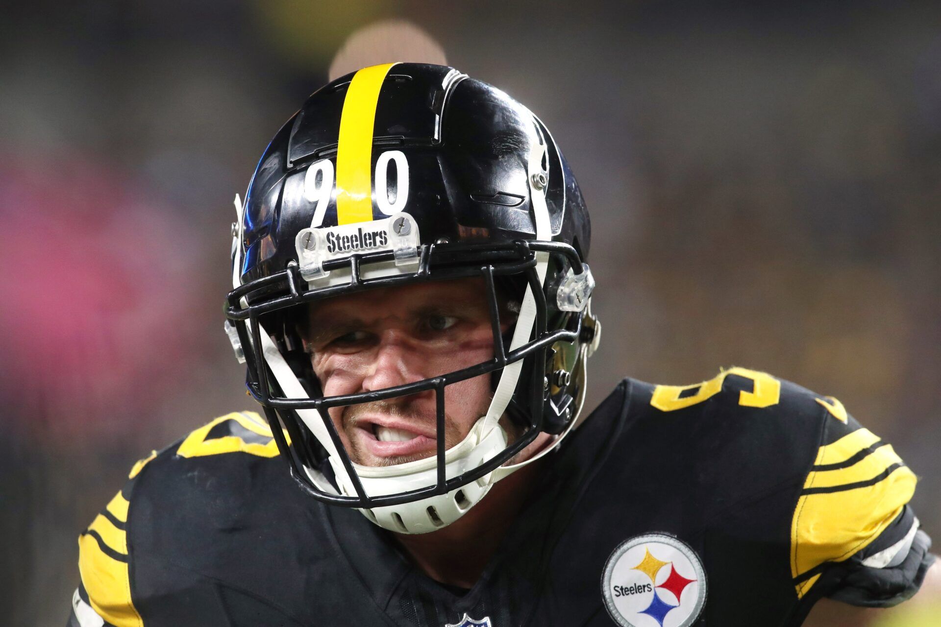 Pittsburgh Steelers linebacker T.J. Watt (90) reacts on the field against the New York Giants during the third quarter at Acrisure Stadium.