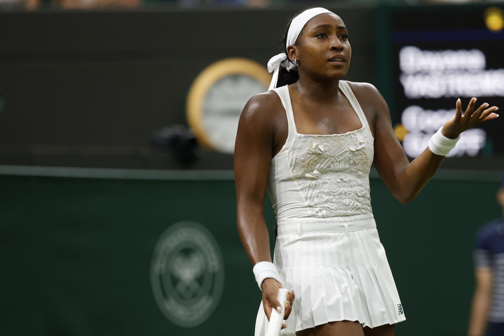 Coco Gauff (USA) reacts after missing a shot against Dayana Yastremska (UKR)(not pictured) on day 2 of The Championships, Wimbledon 2025 at All England Lawn Tennis and Croquet Club.