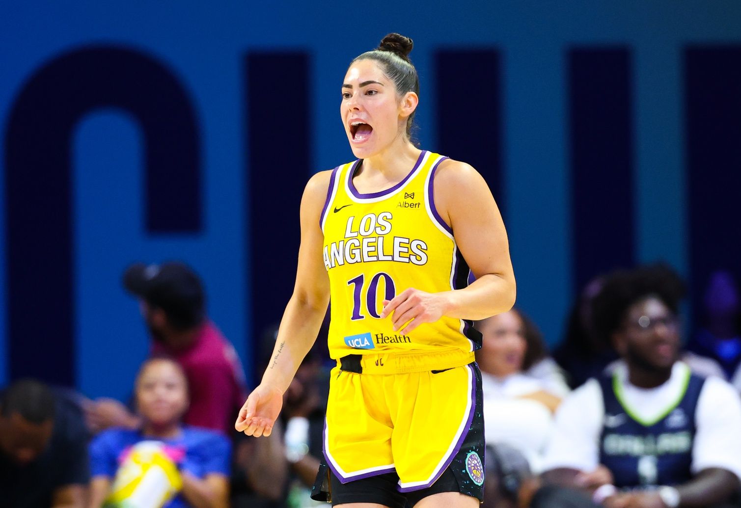 Los Angeles Sparks guard Kelsey Plum (10) reacts against the Dallas Wings during the first half at College Park Center.