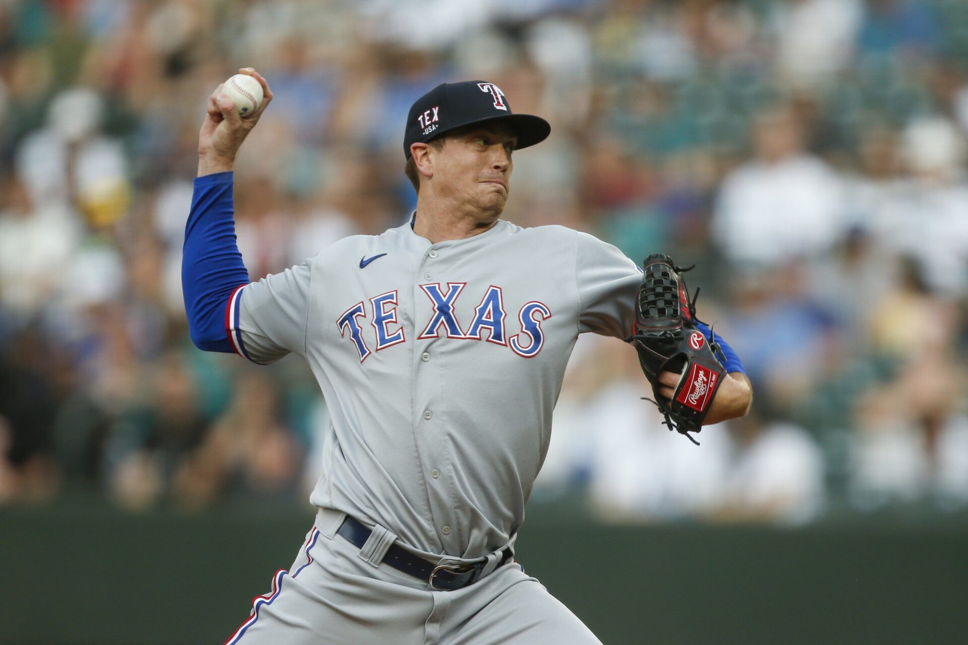 Texas Rangers starting pitcher Kyle Gibson (44) throws against the Seattle Mariners during the first inning at T-Mobile Park.