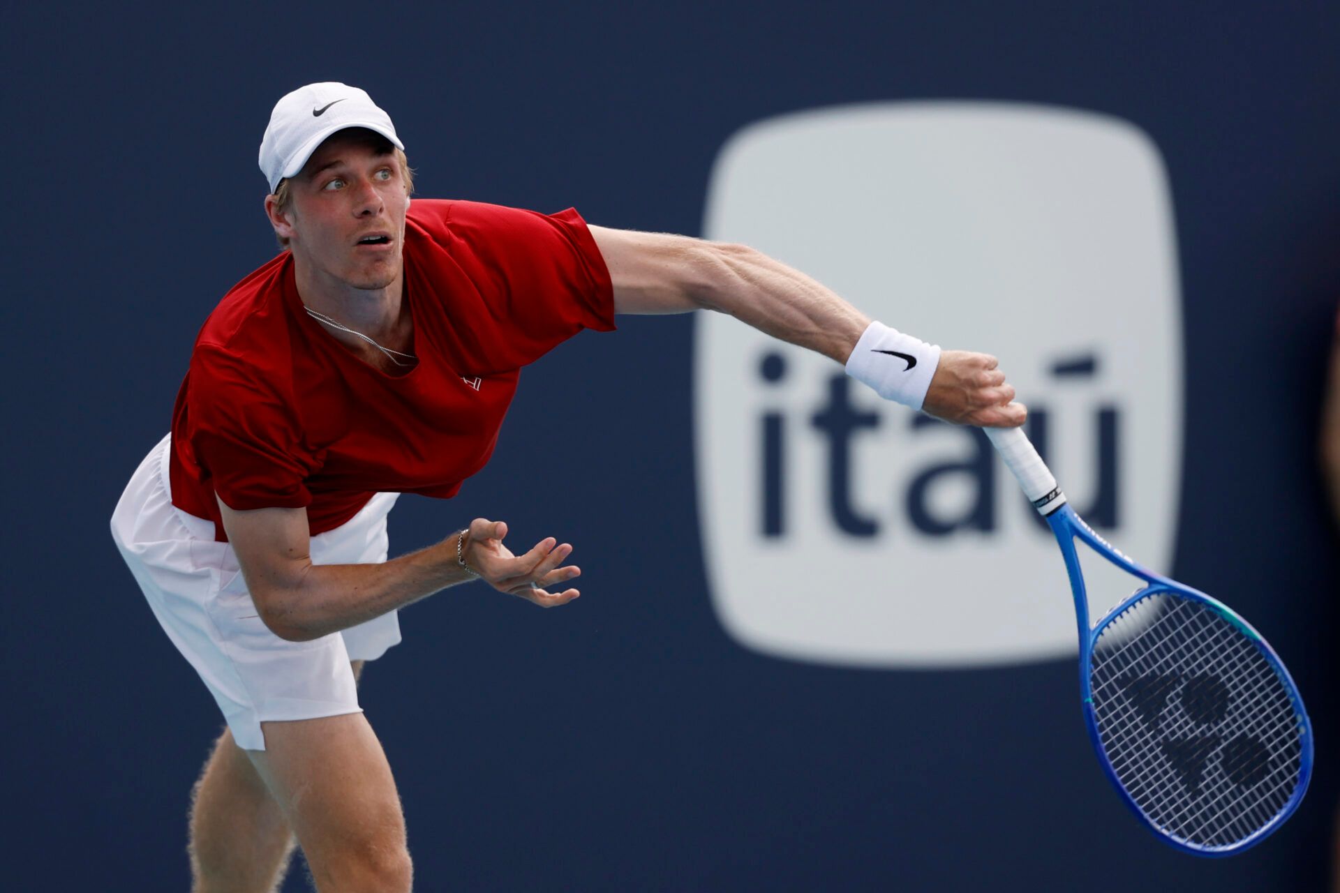 Denis Shapovalov (CAN) serves against Taylor Fritz (USA)(not pictured) on day seven of the Miami Open at Hard Rock Stadium.
