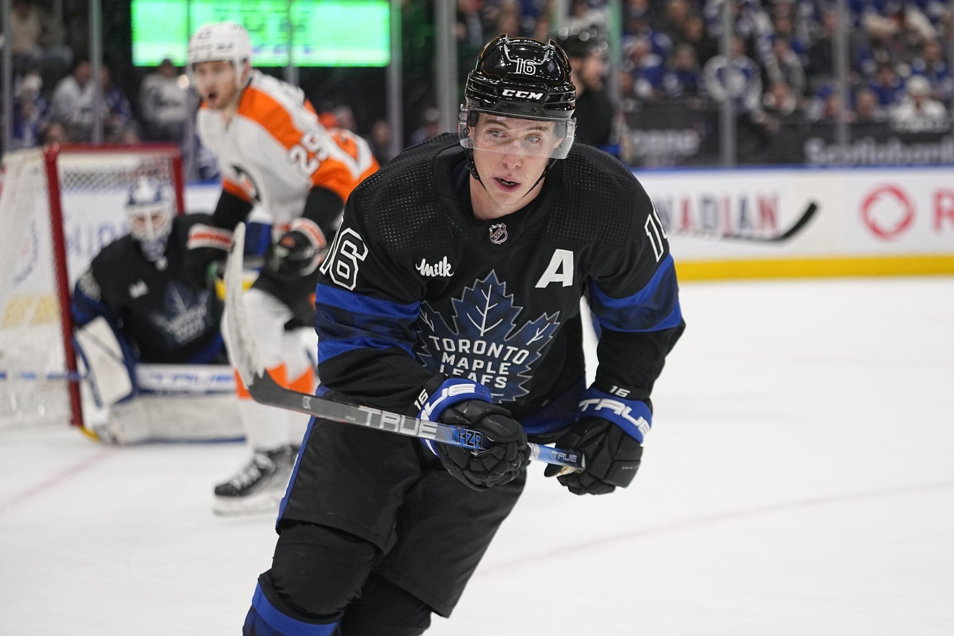 Toronto Maple Leafs forward Mitchell Marner (16) skates against the Philadelphia Flyers during the second period at Scotiabank Arena.