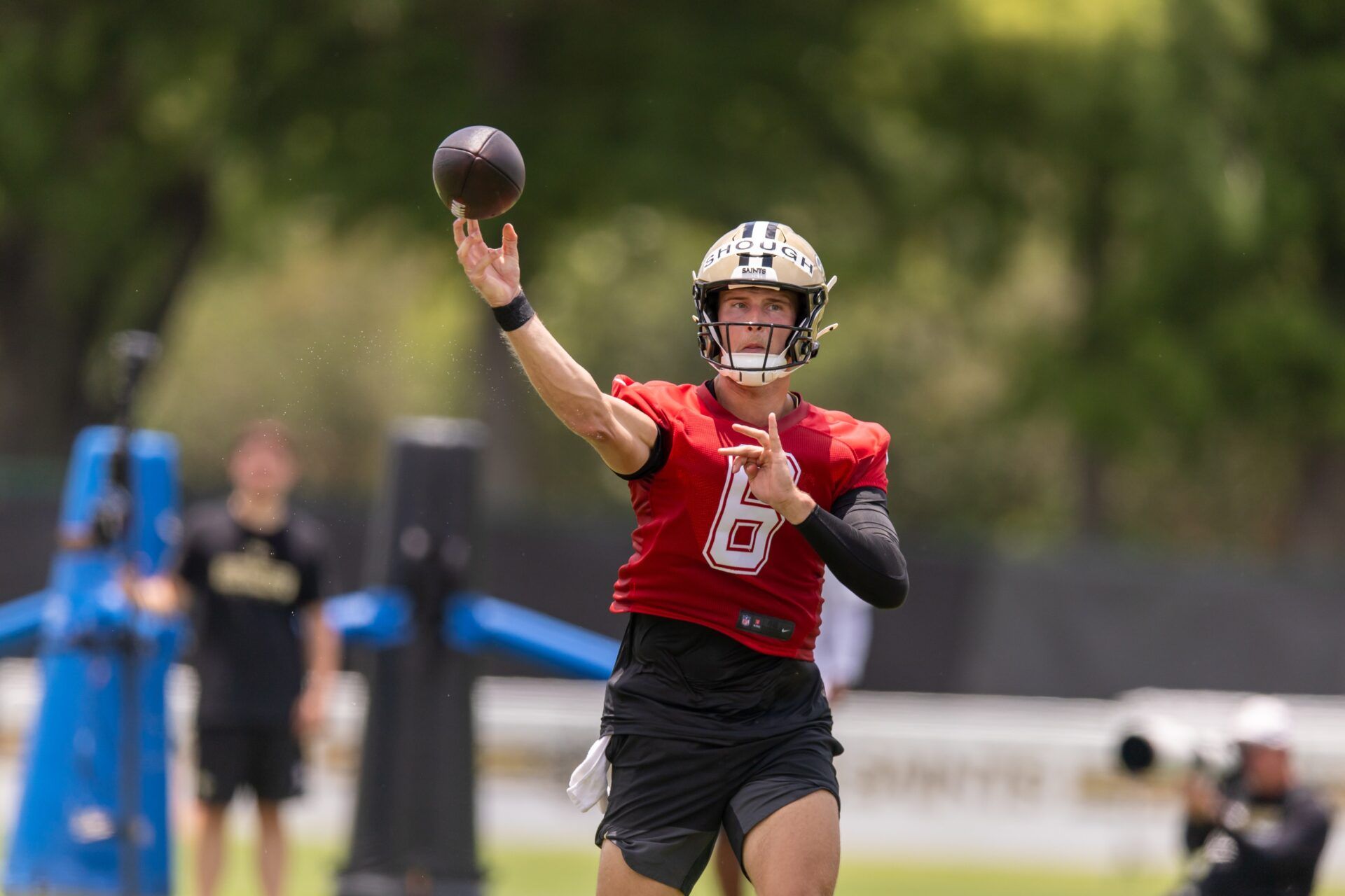 New Orleans Saints quarterback Tyler Shough (6) during passing drills during minicamp at Ochsner Sports Performance Center.