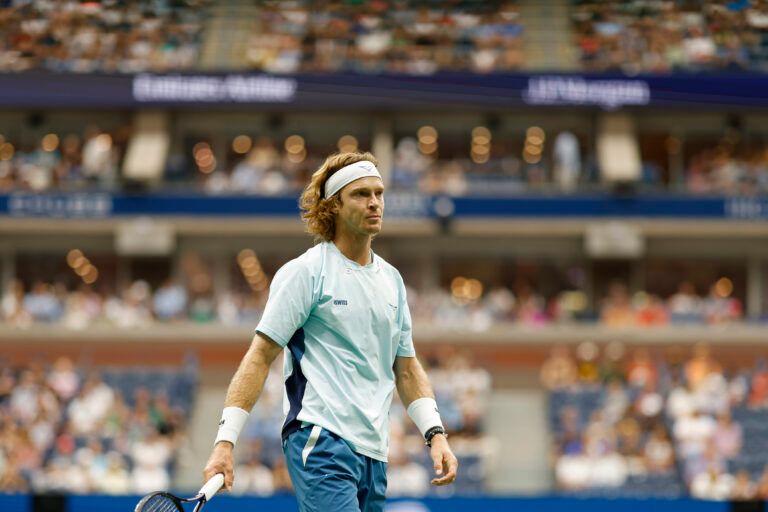 Andrey Rublev stands on court between points against Grigor Dmitrov (BUL)(not pictured) in a men's singles match on day seven of the 2024 U.S. Open tennis tournament at USTA Billie Jean King National Tennis Center.