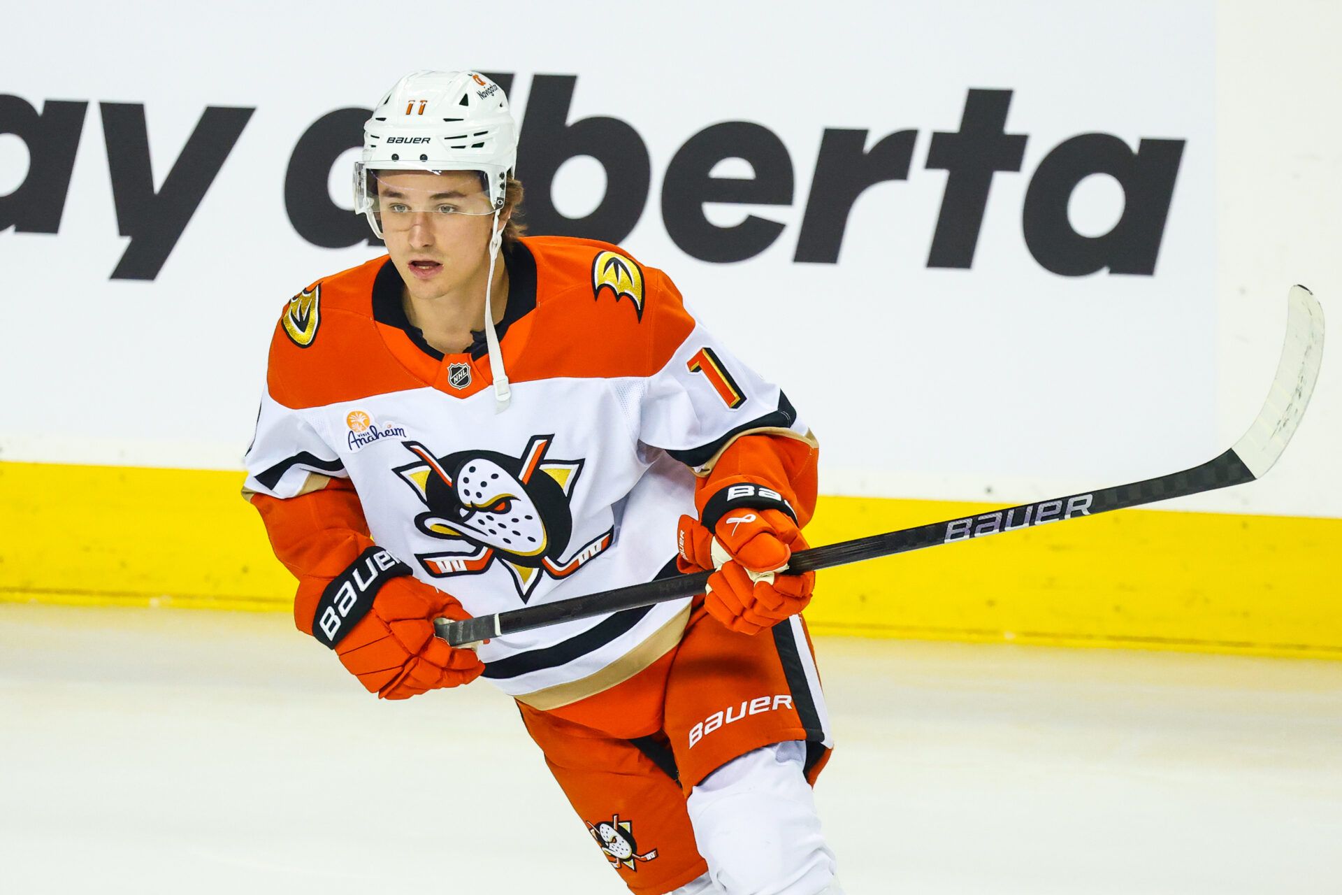 Anaheim Ducks center Trevor Zegras (11) skates during the warmup period against the Calgary Flames at Scotiabank Saddledome.
