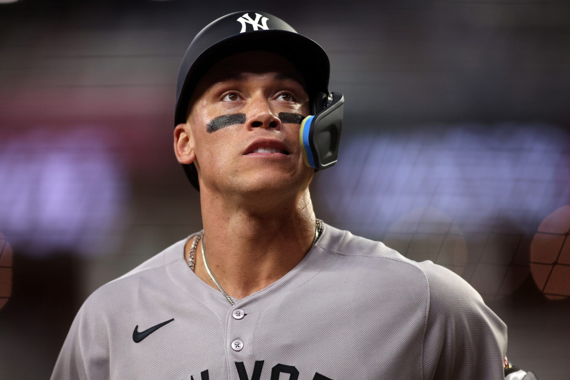 American League outfielder Aaron Judge (99) of the New York Yankees looks on in the fourth inning during the 2025 MLB All Star Game at Truist Park.