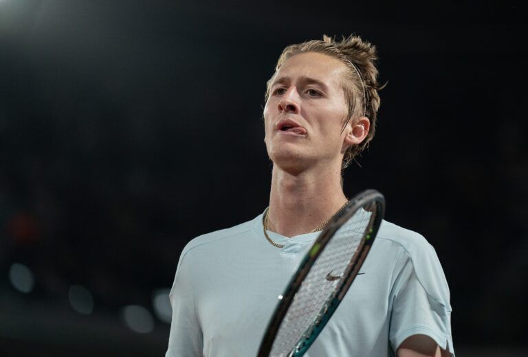Sebastian Korda of the United States reacts to a point during his match against Carlos Alcaraz of Spain on day six of Roland Garros at Stade Roland Garros.