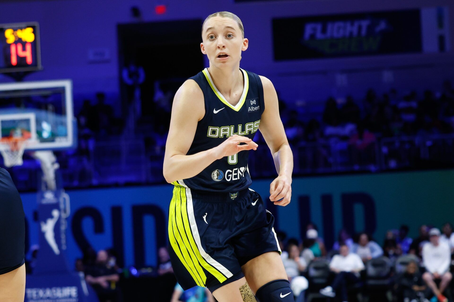 Dallas Wings guard Paige Bueckers (5) reacts against the Las Vegas Aces during the second half at College Park Center.