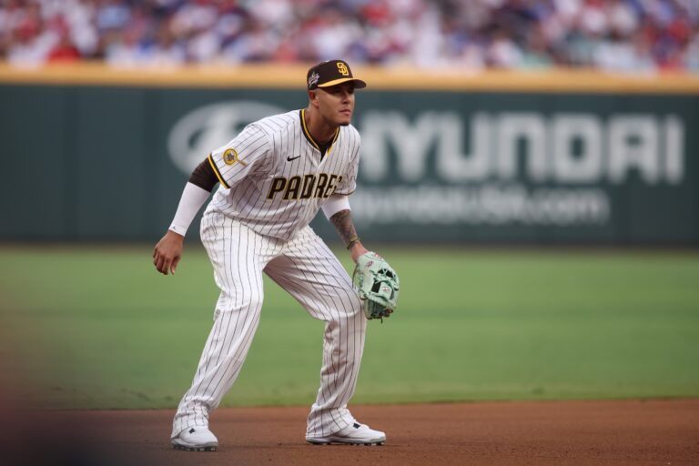 National League third baseman Manny Machado (13) of the San Diego Padres looks on during the 2025 MLB All Star Game at Truist Park.