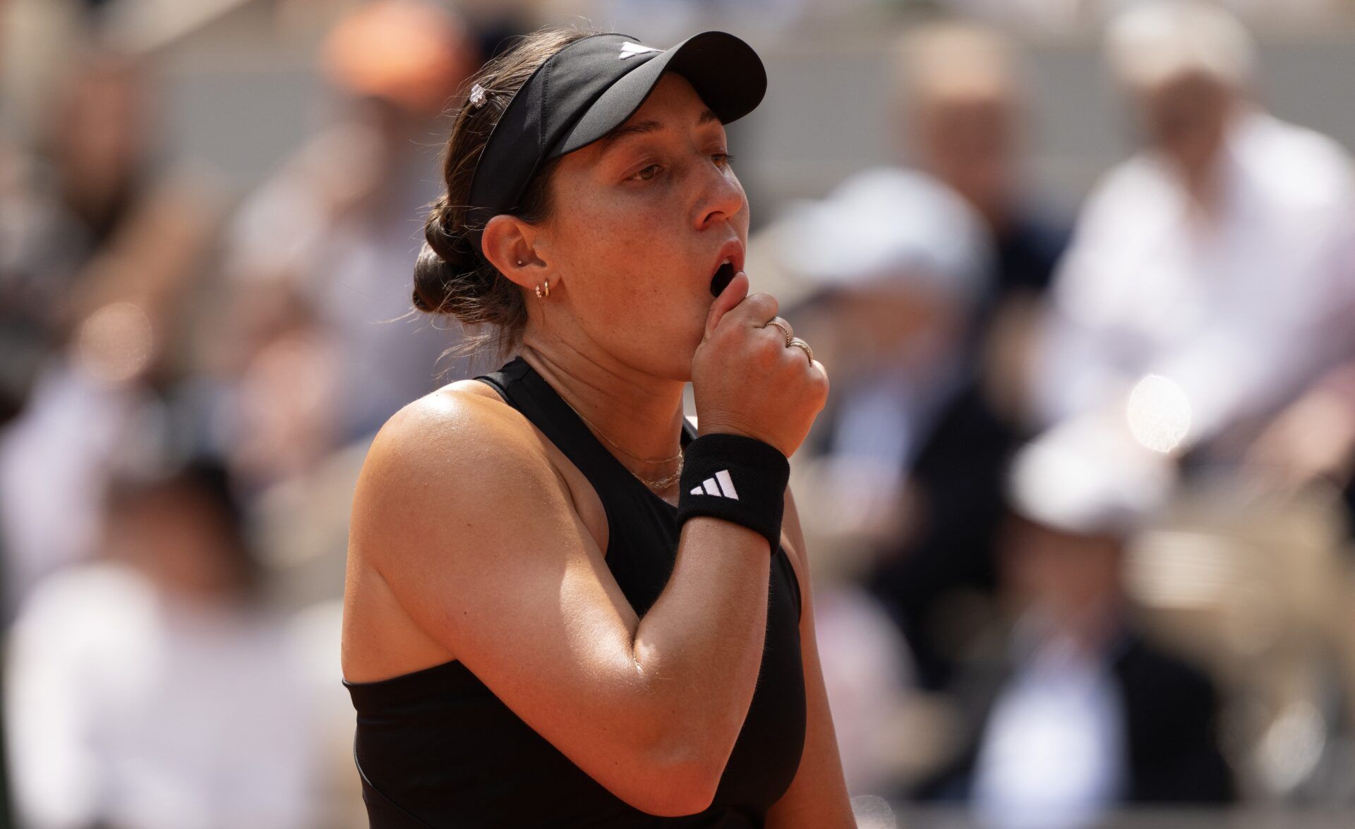 Jessica Pegula of the United States reacts to a point during her match against Lois Boisson of France on day nine at Roland Garros Stadium.