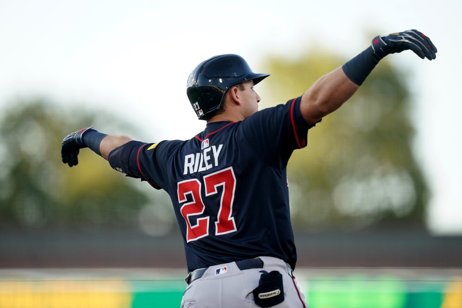 Atlanta Braves third baseman Austin Riley (27) reacts after hitting a home run against the Athletics in the second inning at Sutter Health Park.