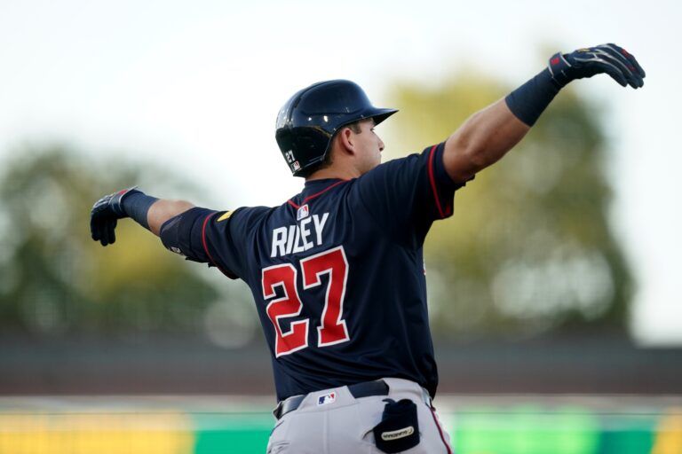 Atlanta Braves third baseman Austin Riley (27) reacts after hitting a home run against the Athletics in the second inning at Sutter Health Park.