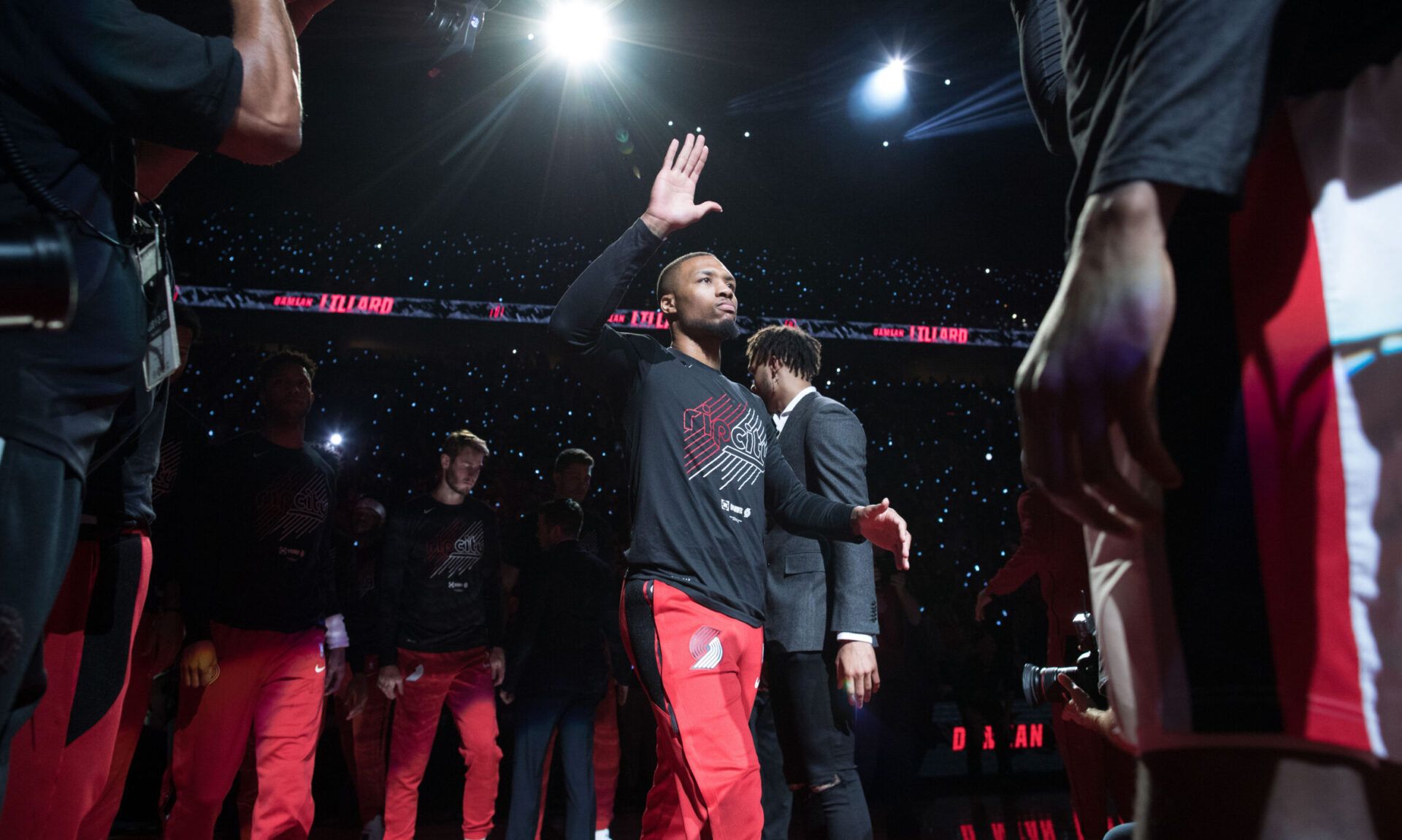 Portland Trail Blazers guard Damian Lillard (0) is introduced into the lineup against the Denver Nuggets in game three of the second round of the 2019 NBA Playoffs at Moda Center.