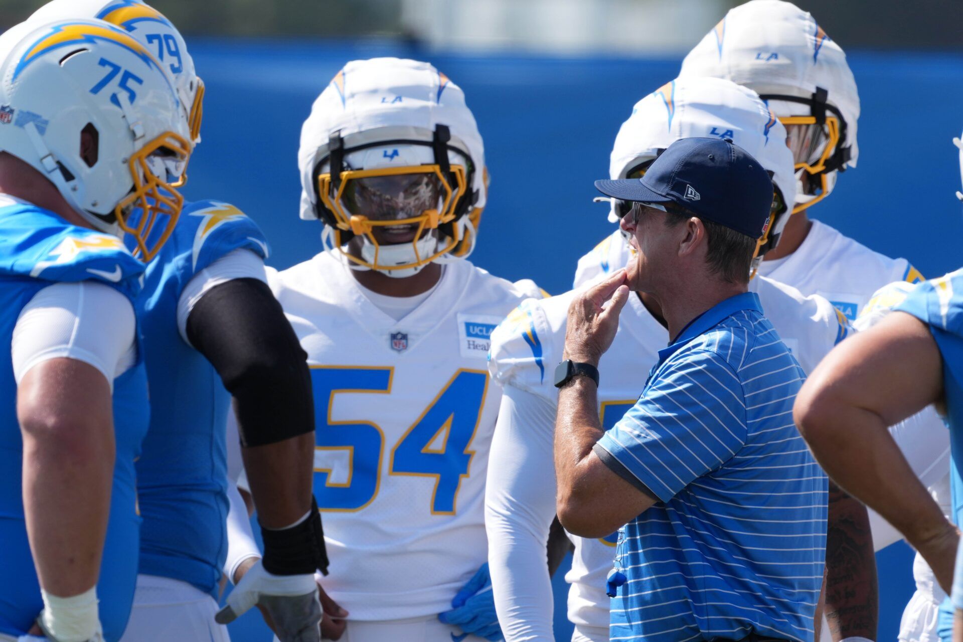 Los Angeles Chargers coach Jim Harbaugh during training camp at The Bolt.