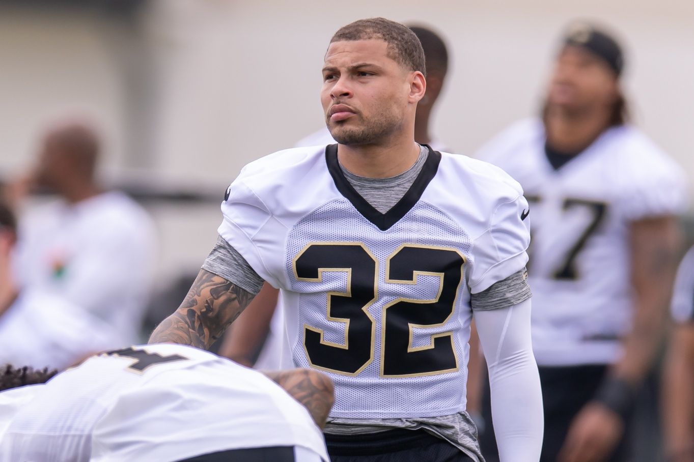 New Orleans Saints safety Tyrann Mathieu (32) looks on during minicamp at Ochsner Sports Performance Center.