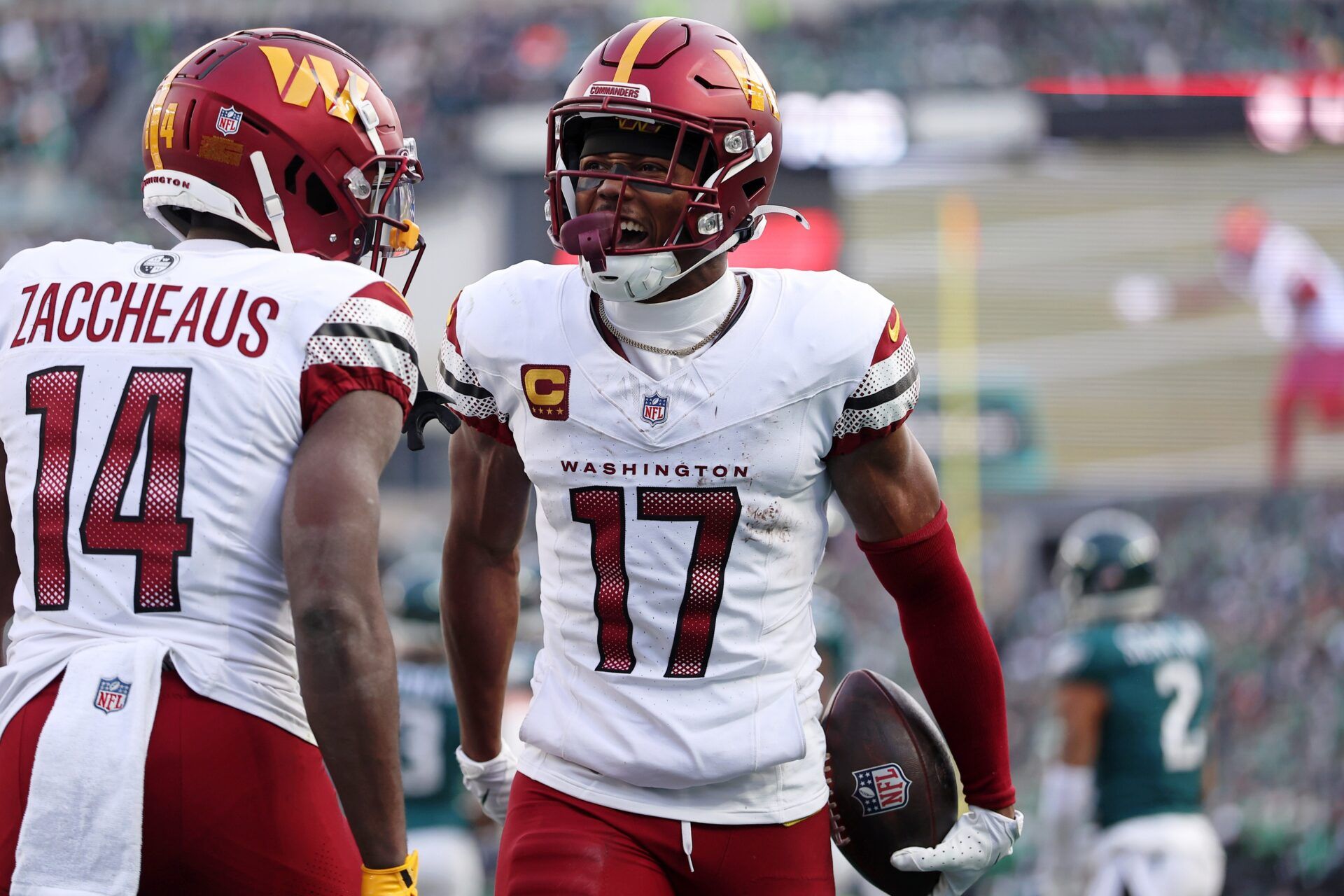Washington Commanders wide receiver Terry McLaurin (17) reacts after a play with wide receiver Olamide Zaccheaus (14) against the Philadelphia Eagles during the first half in the NFC Championship game at Lincoln Financial Field.