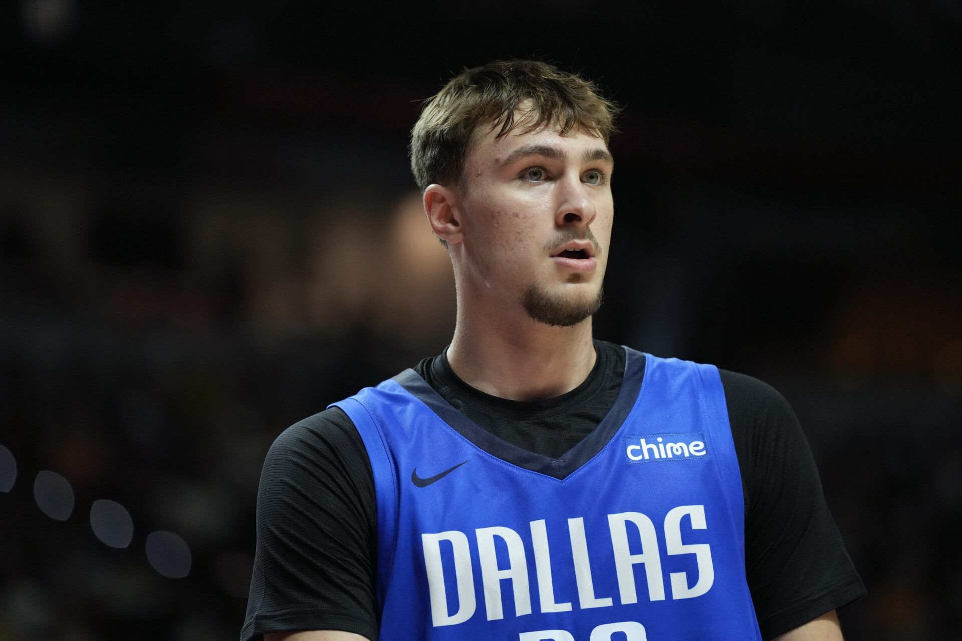 Dallas Mavericks forward Cooper Flagg (32) looks on against the San Antonio Spurs in the second quarter of their game at Thomas & Mack Center.