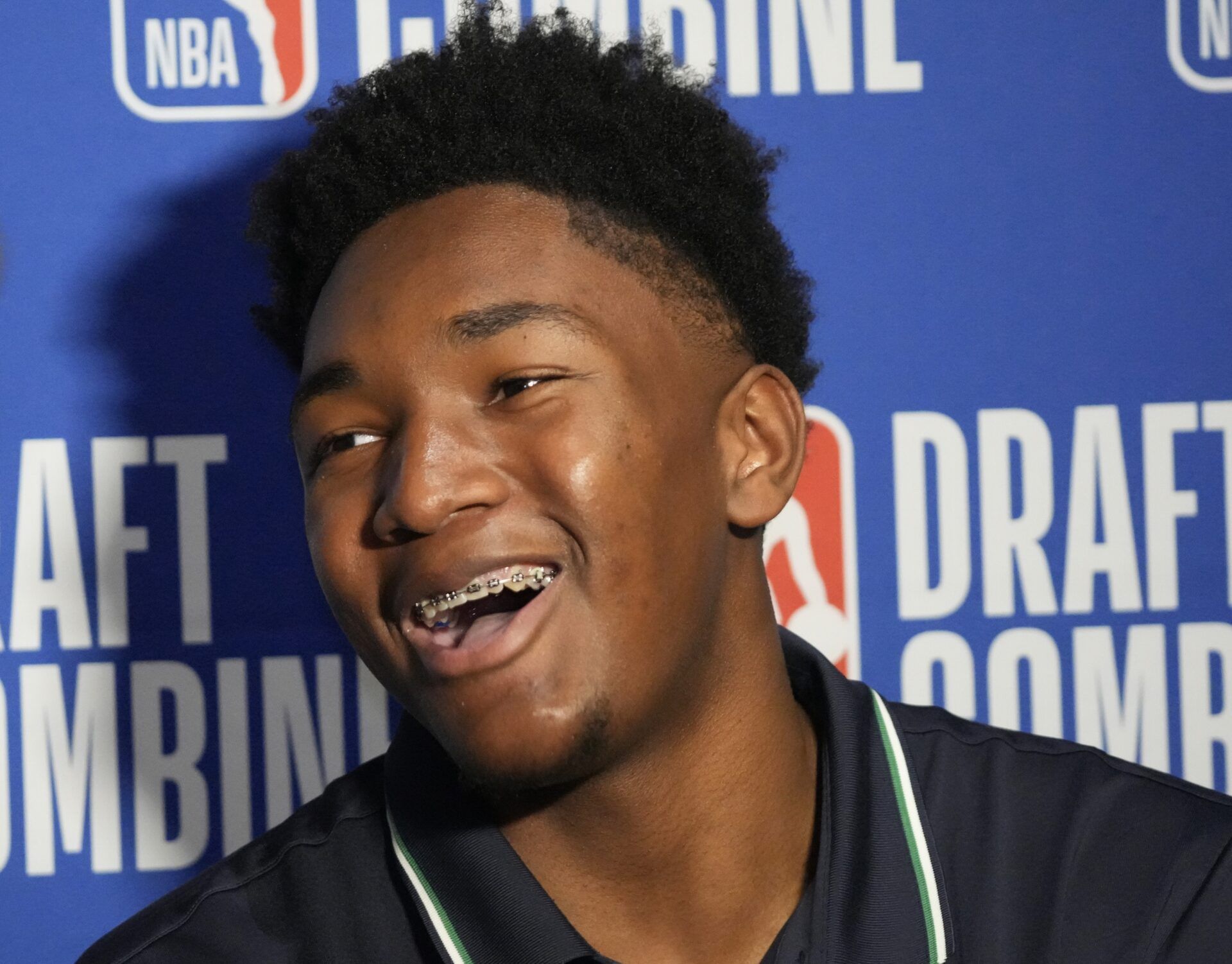 Derik Queen talks to the media during the 2025 NBA Draft Combine at Marriott Marquis Chicago.