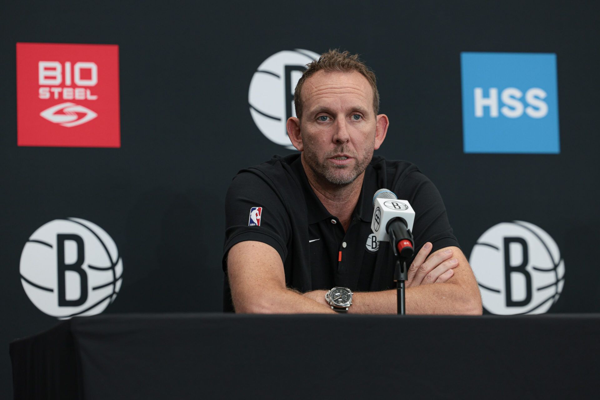 Brooklyn Nets general manager Sean Marks talks to the media during media day at HSS Training Center.