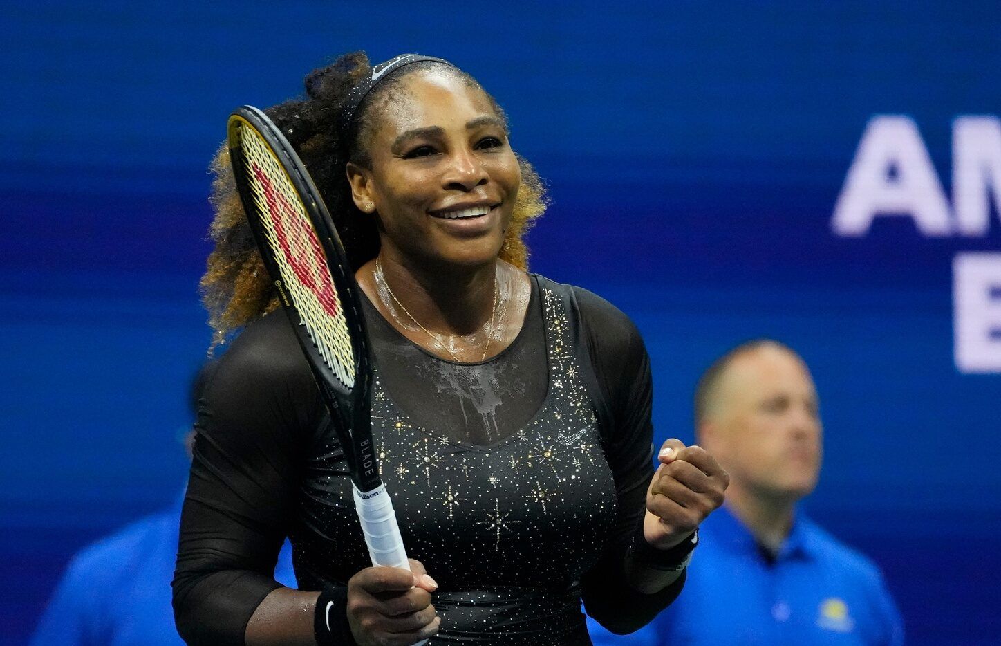 Serena Williams of the USA after beating Danka Kovinic of Montenegro on day one of the 2022 U.S. Open Tennis Tournament at the Billie Jean King National Tennis Center.
