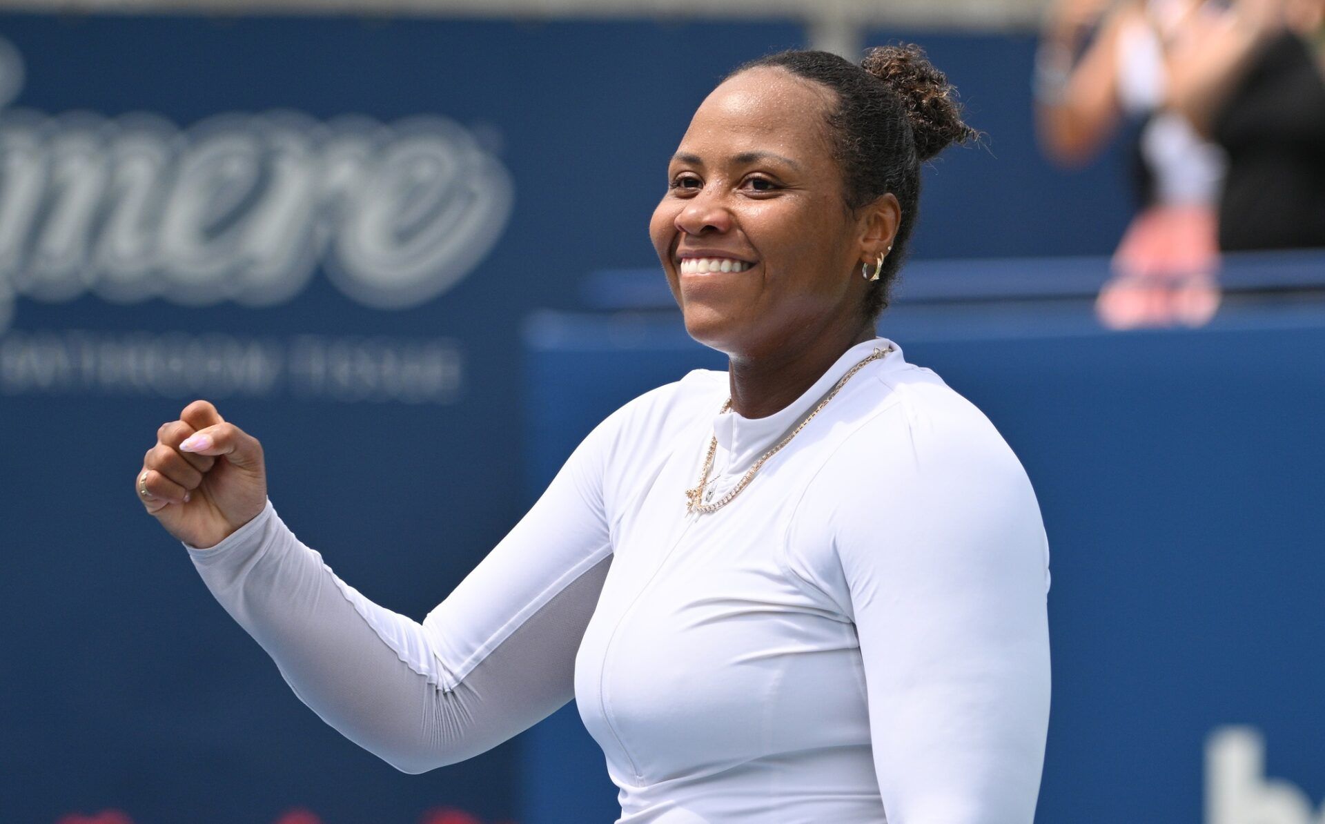 Taylor Townsend (USA) celebrates after defeating Jelena Ostapenko (LAT, not shown) in third round play at Sobeys Stadium.