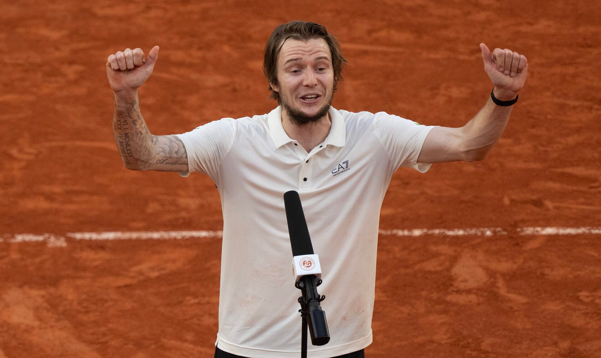 Alexander Bublik of Kazakhstan at his interview after winning his match against Jack Draper of Great Britain on day nine at Roland Garros Stadium.