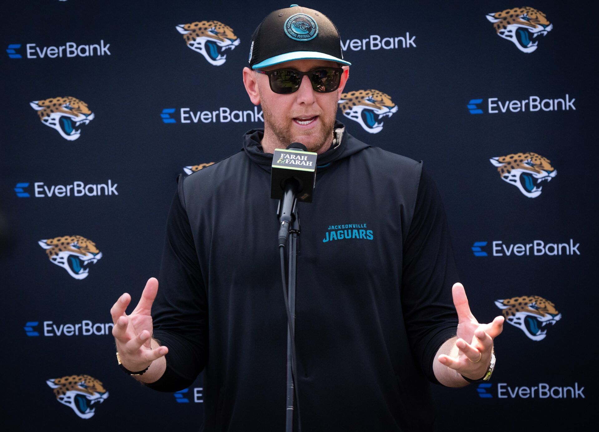 Jacksonville Jaguars head coach Liam Coen answers questions during a press conference after the seventh organized team activity at the Miller Electric Center in Jacksonville, Fla. Monday, June 2, 2025. [Doug Engle/Florida Times-Union]