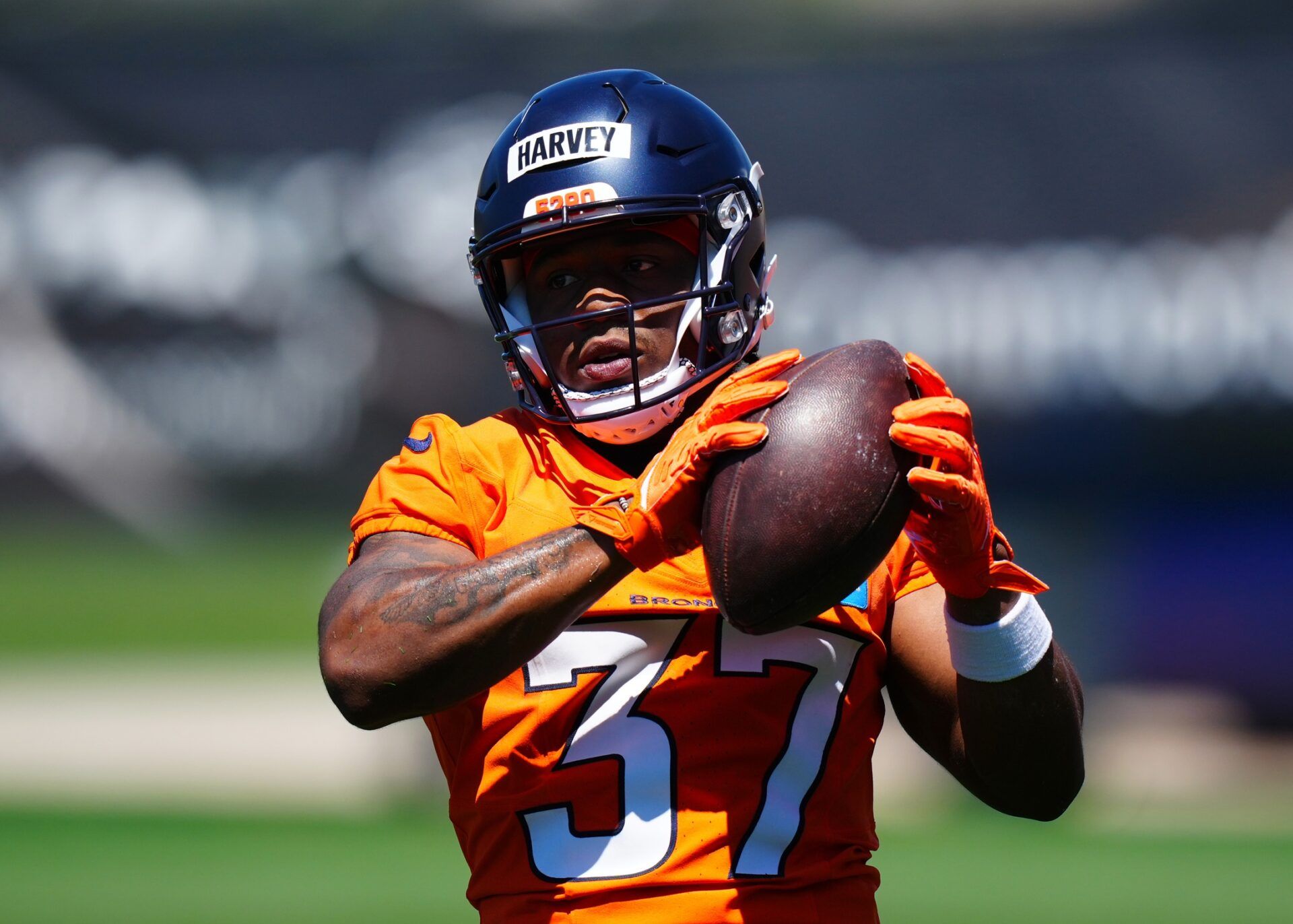 Denver Broncos running back RJ Harvey (37) during rookie minicamp at Broncos Park Powered by CommonSpirit.