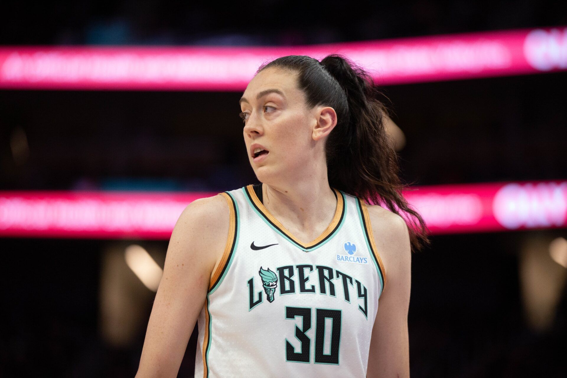New York Liberty forward Breanna Stewart (30) awaits the resumption of play against the Golden State Valkyries during the fourth quarter at Chase Center.