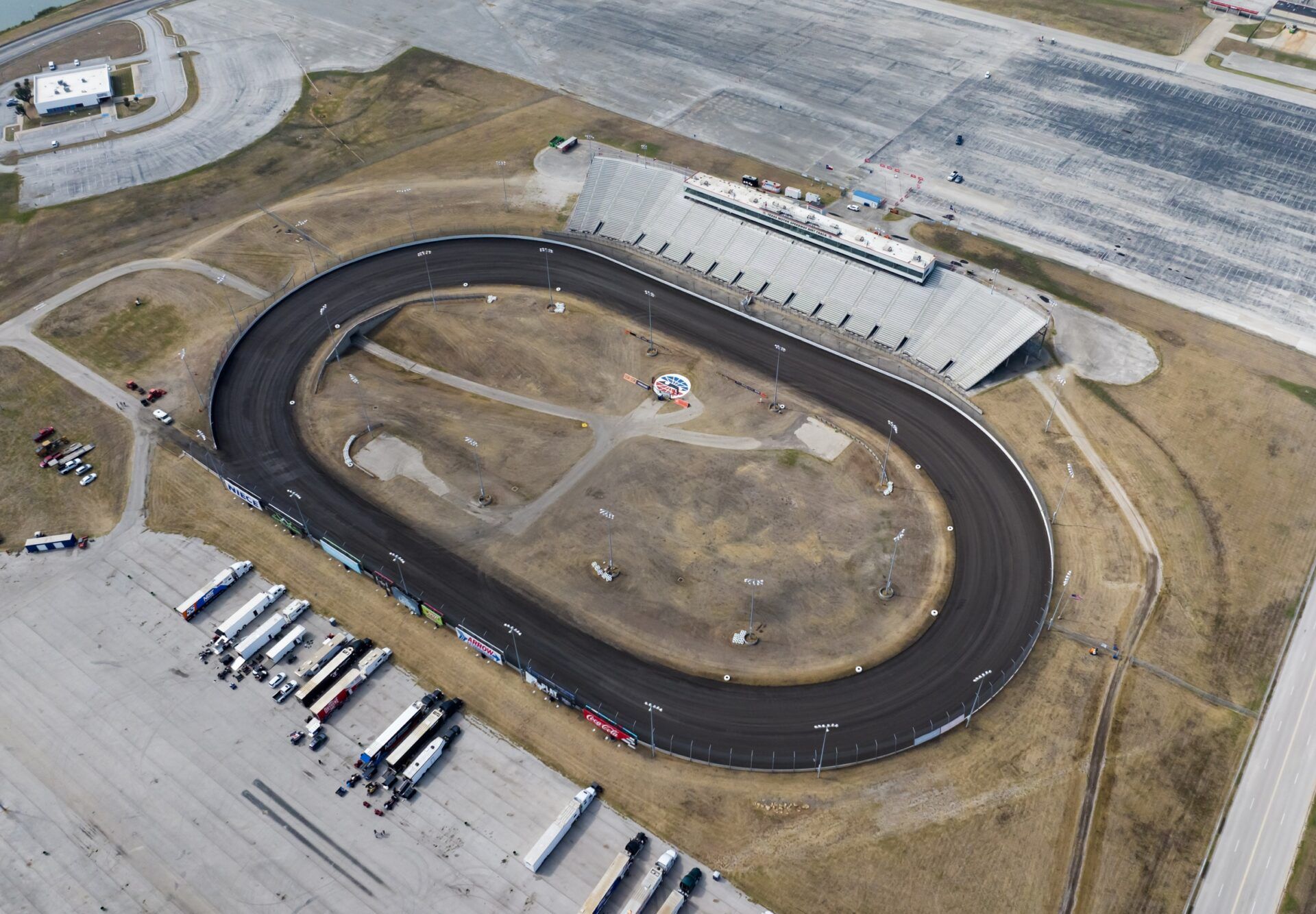 Aerial overall view of the dirt track at the Texas Motor Speedway.