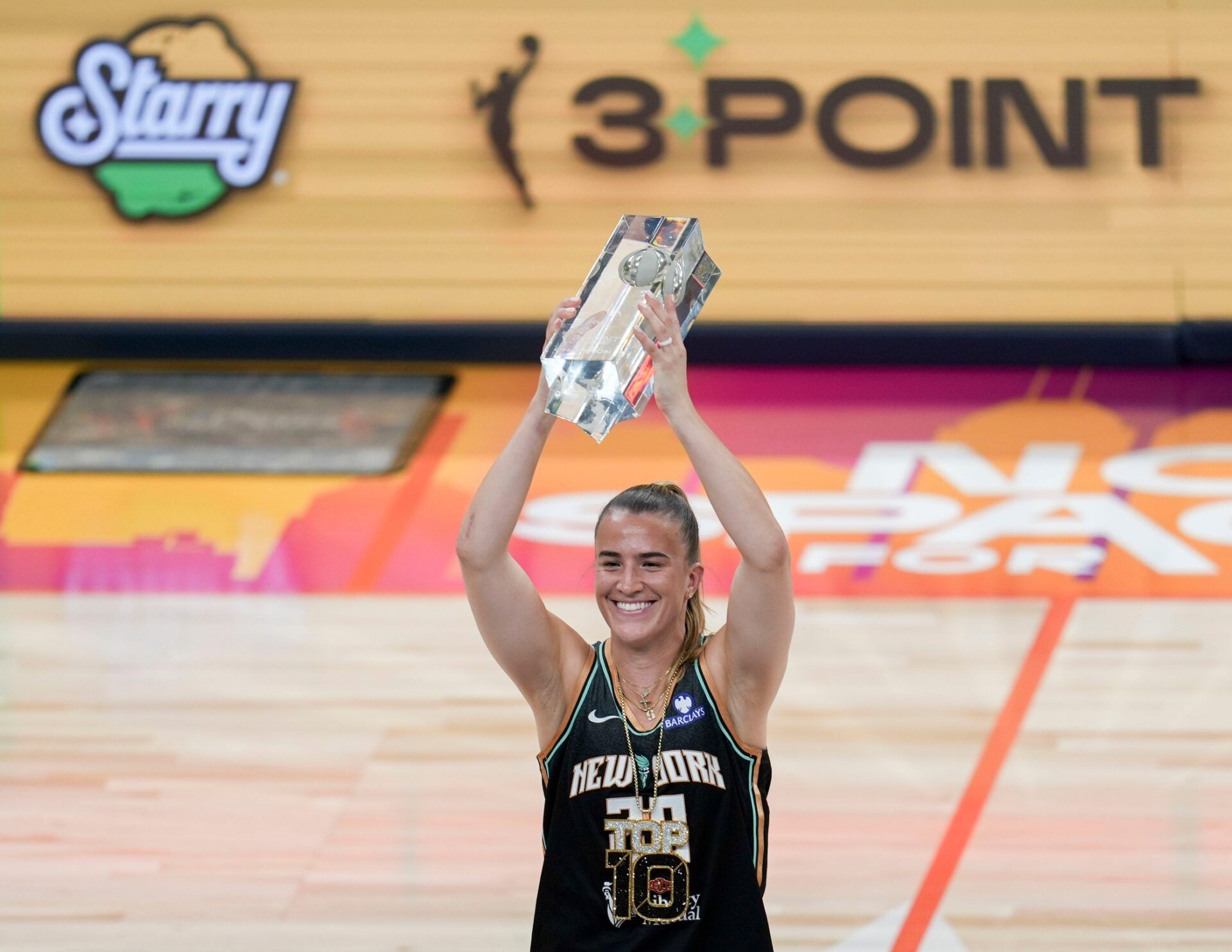 New York Liberty's Sabrina Ionescu (20) celebrates Friday, July 18, 2025, after winning the WNBA All-Star 3-point contest at Gainbridge Fieldhouse in Indianapolis.