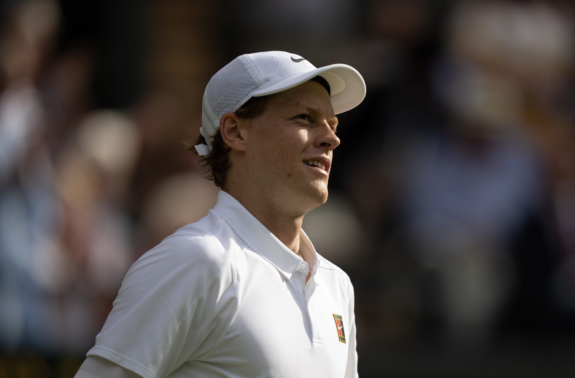 Jannik Sinner of Italy celebrates winning his match against Ben Shelton of the United States on day 10 at All England Lawn Tennis and Croquet Club.