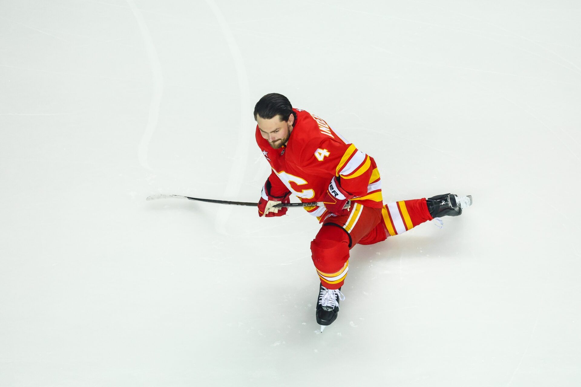 Calgary Flames defenseman Rasmus Andersson (4) during the warmup period against the San Jose Sharks at Scotiabank Saddledome.