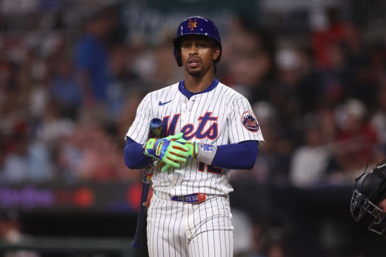 National League shortstop Francisco Lindor (12) of the New York Mets looks on in the fifth inning during the 2025 MLB All Star Game at Truist Park.