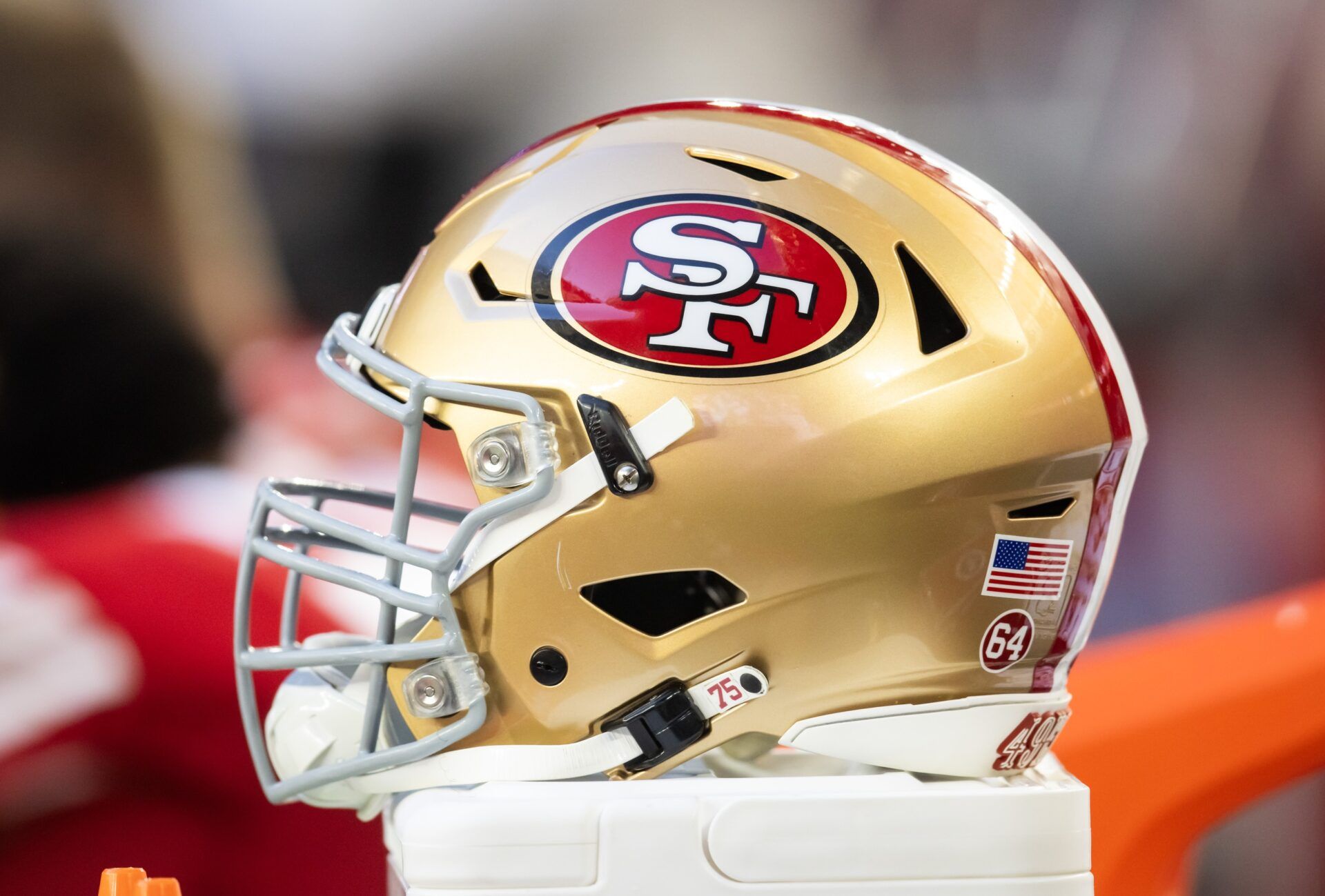 Detailed view of a San Francisco 49ers helmet at State Farm Stadium.