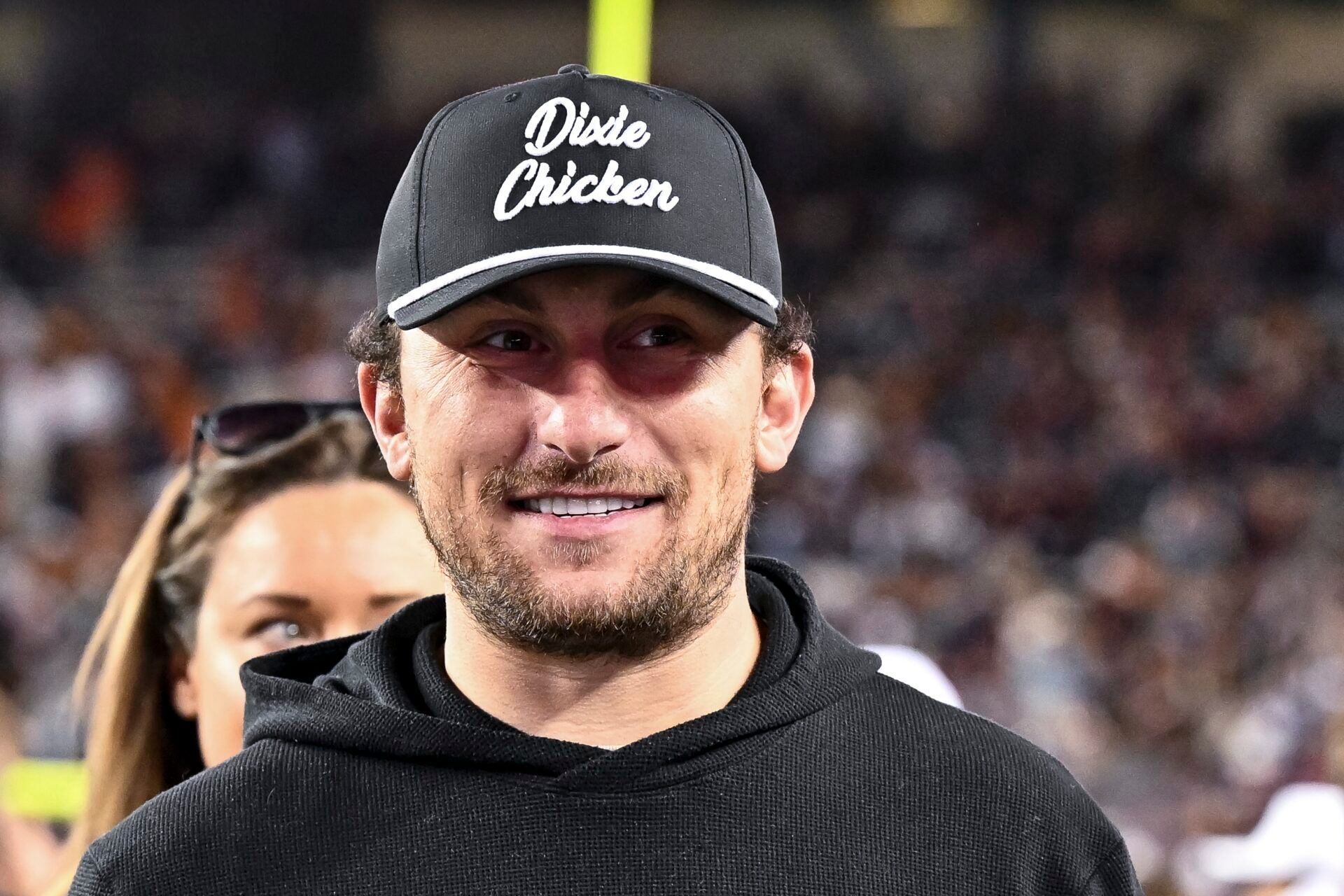 Former Texas A&M and Cleveland Browns quarterback Johnny Manziel looks on prior to the game against the Texas Longhorns. The Longhorns defeated the Aggies 17-7 at Kyle Field.