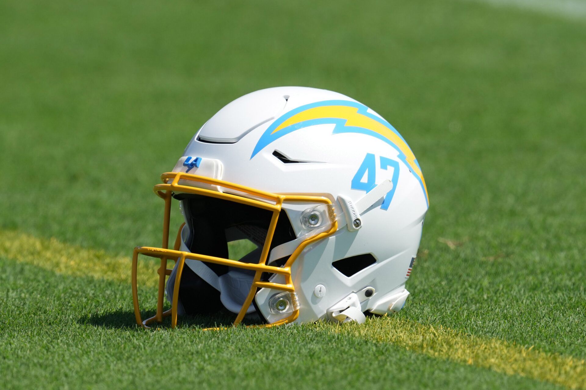 Los Angeles Chargers helmet of long snapper Josh Harris (47) during training camp at Jack Hammet Sports Comples.