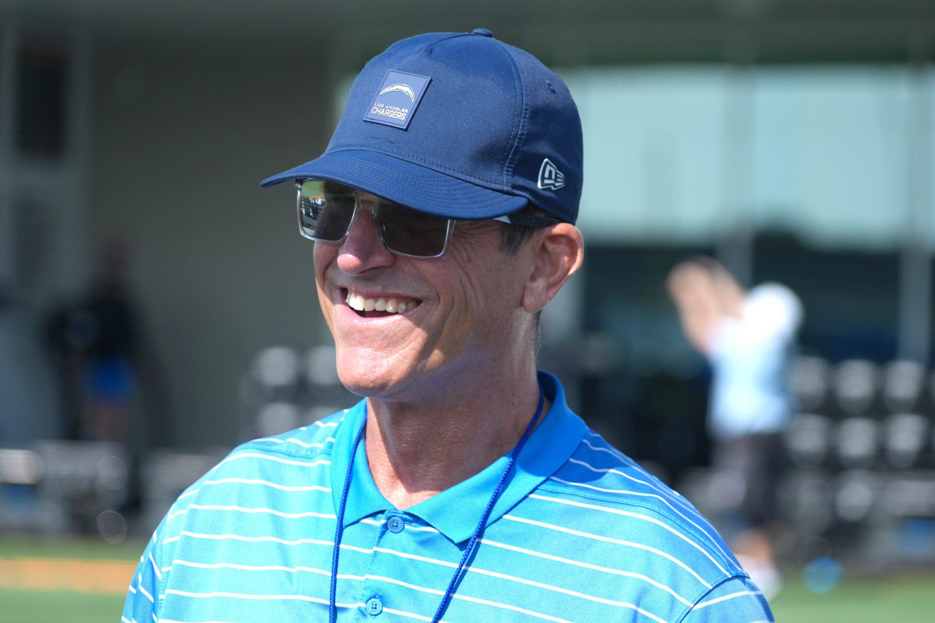 Los Angeles Chargers coach Jim Harbaugh during training camp at The Bolt.