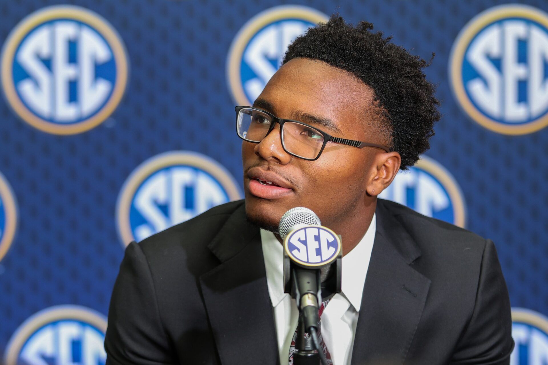 South Carolina Gamecocks quarterback LaNorris Sellers answers media questions during SEC Media Day at Omni Atlanta Hotel.