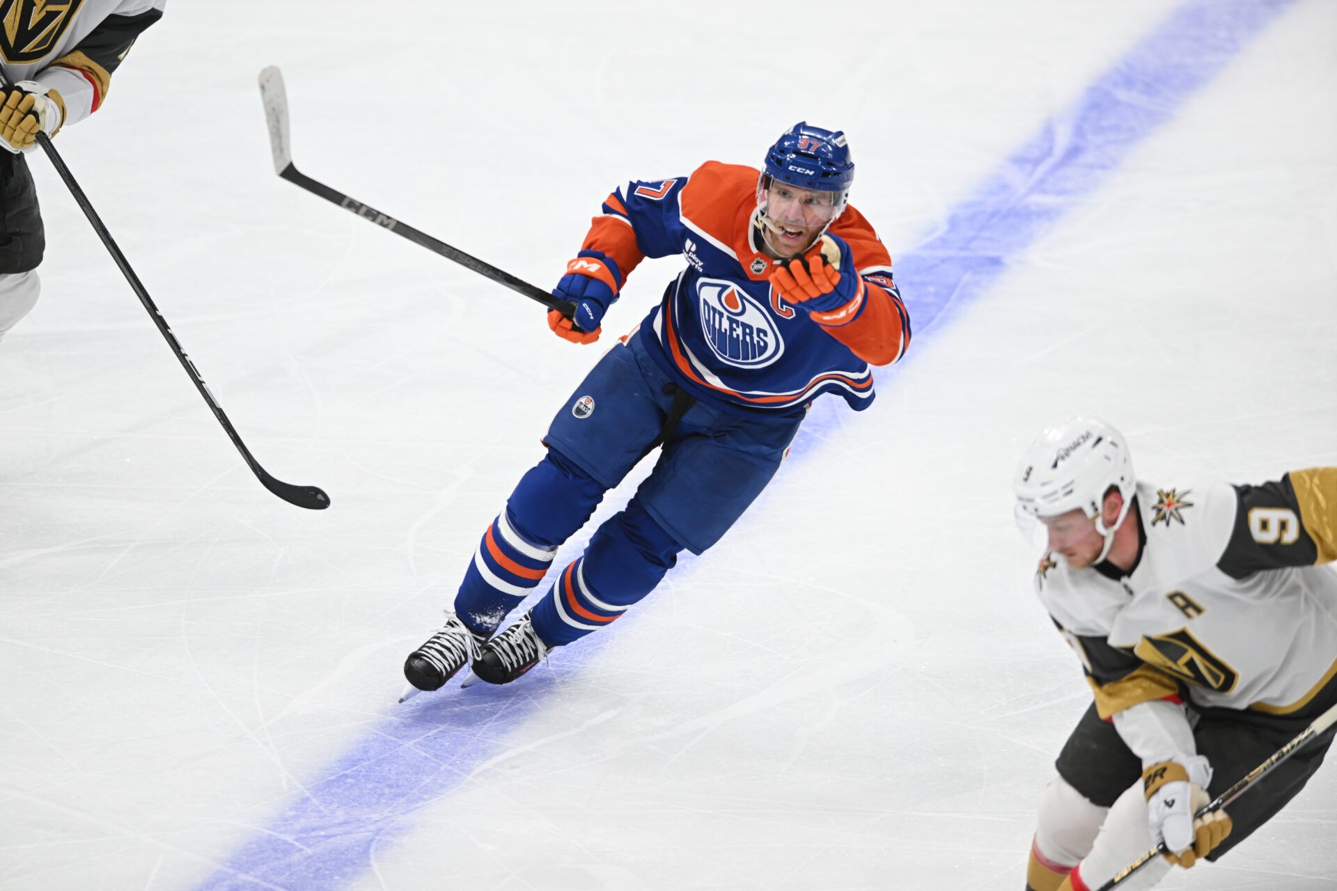 Edmonton Oilers centre Connor McDavid (97) is seen out on the ice with Las Vegas Golden Knights centre Jack Eichel (9) during the second period in game three of the second round of the 2025 Stanley Cup Playoffs at Rogers Place.