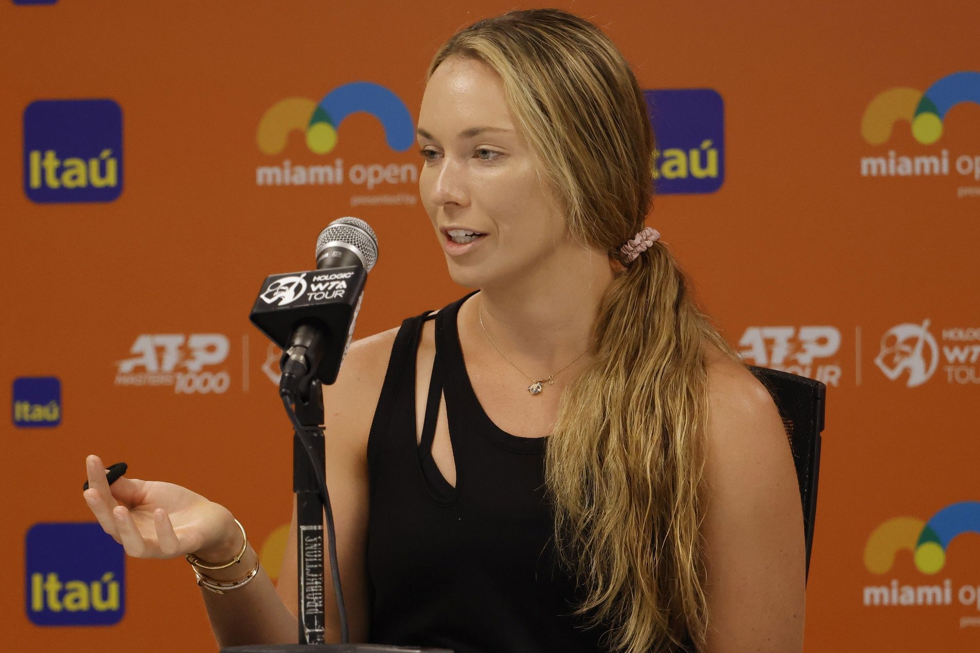 Danielle Collins (USA) speaks at a Media Day press conference during the Miami Open at Hard Rock Stadium.